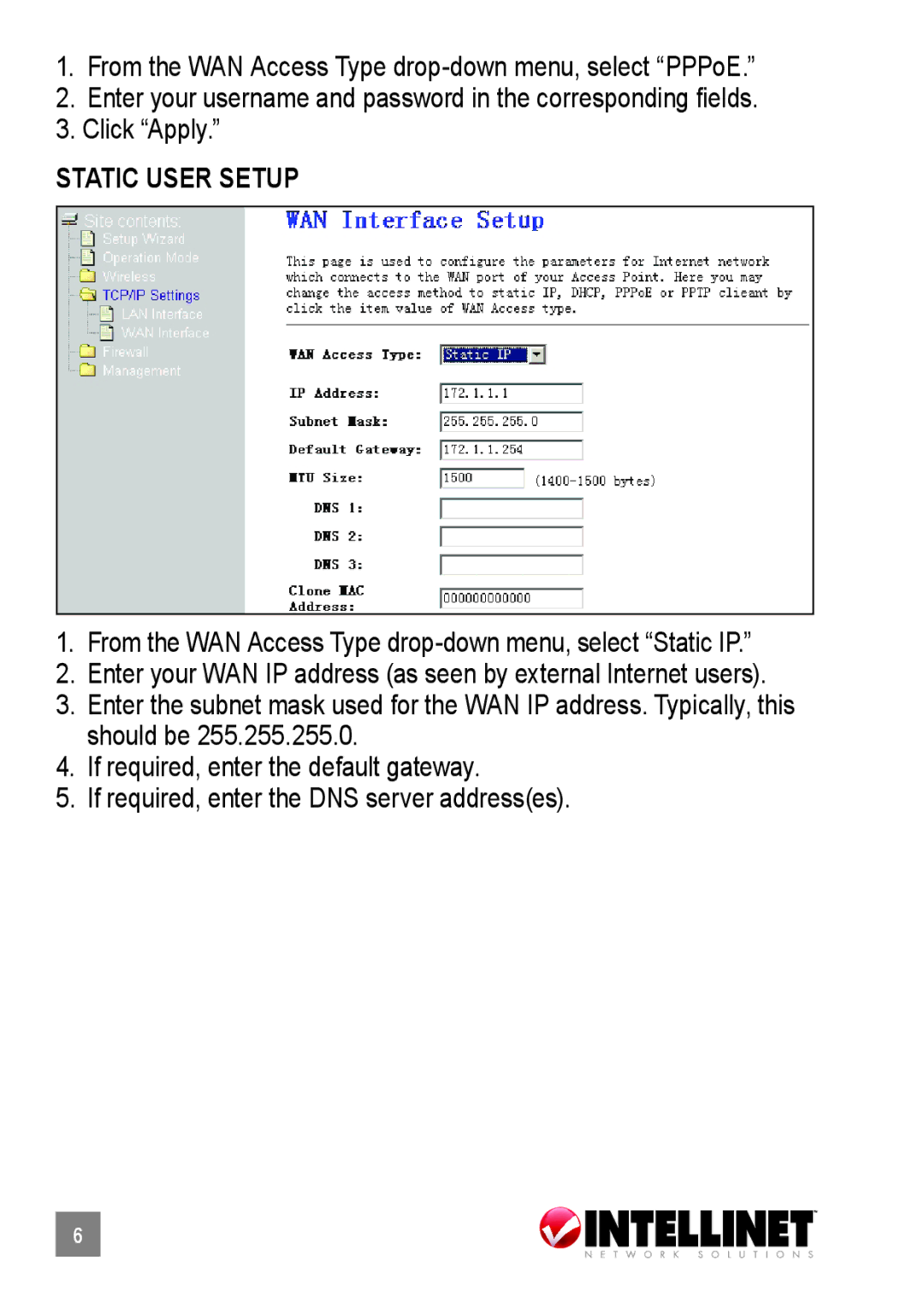 Intellinet Network Solutions 503693 manual Static User Setup 