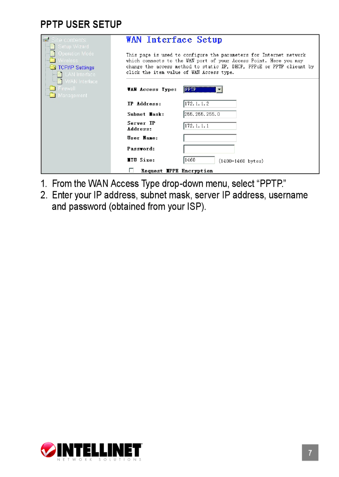 Intellinet Network Solutions 503693 manual Pptp User Setup 