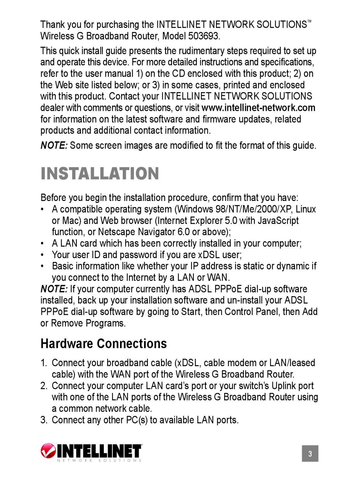 Intellinet Network Solutions 503693 manual Hardware Connections, installation 