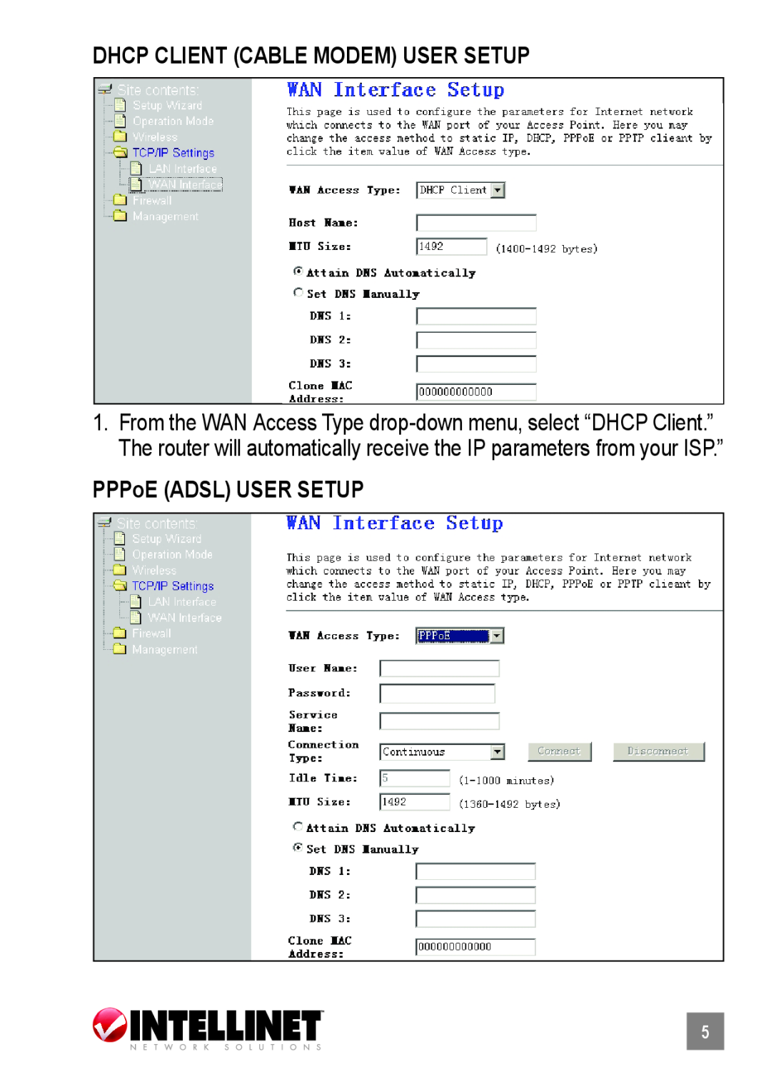 Intellinet Network Solutions 503693 manual Dhcp Client Cable Modem User Setup, PPPoE ADSL USER SETUP 