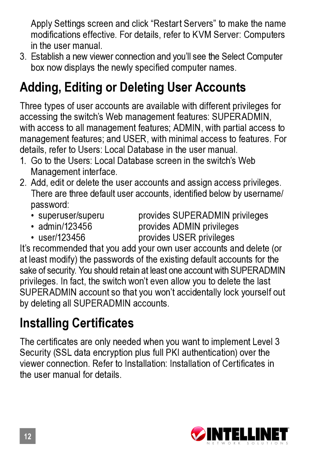 Intellinet Network Solutions 503723 manual Adding, Editing or Deleting User Accounts, Installing Certificates 