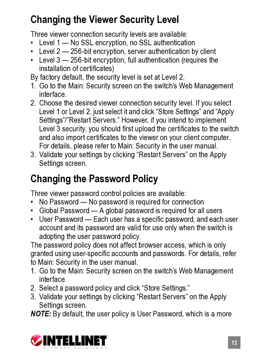 Intellinet Network Solutions 503723 manual Changing the Viewer Security Level, Changing the Password Policy 