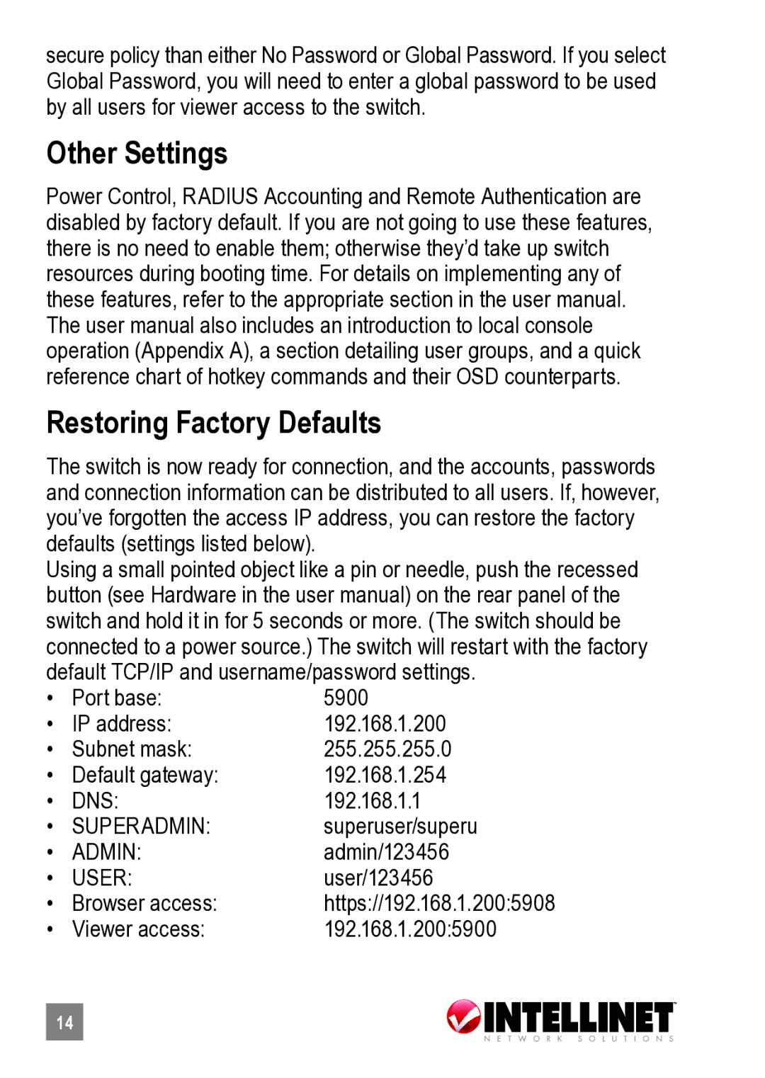 Intellinet Network Solutions 503723 manual Other Settings Restoring Factory Defaults, User 