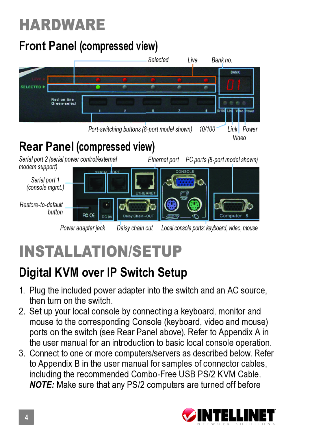 Intellinet Network Solutions 503723 manual Front Panel compressed view, Rear Panel compressed view 