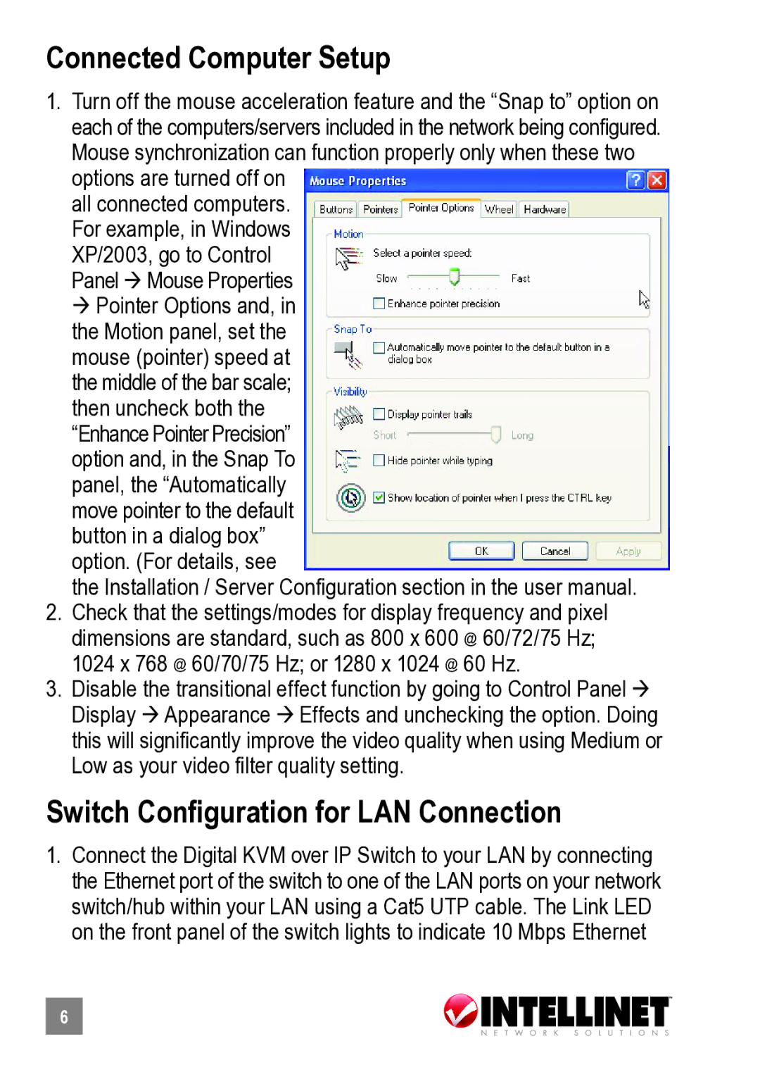 Intellinet Network Solutions 503723 manual Connected Computer Setup, Switch Configuration for LAN Connection 