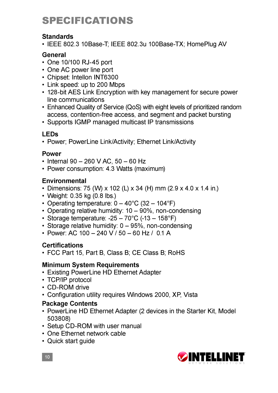 Intellinet Network Solutions 503839 user manual Specifications 