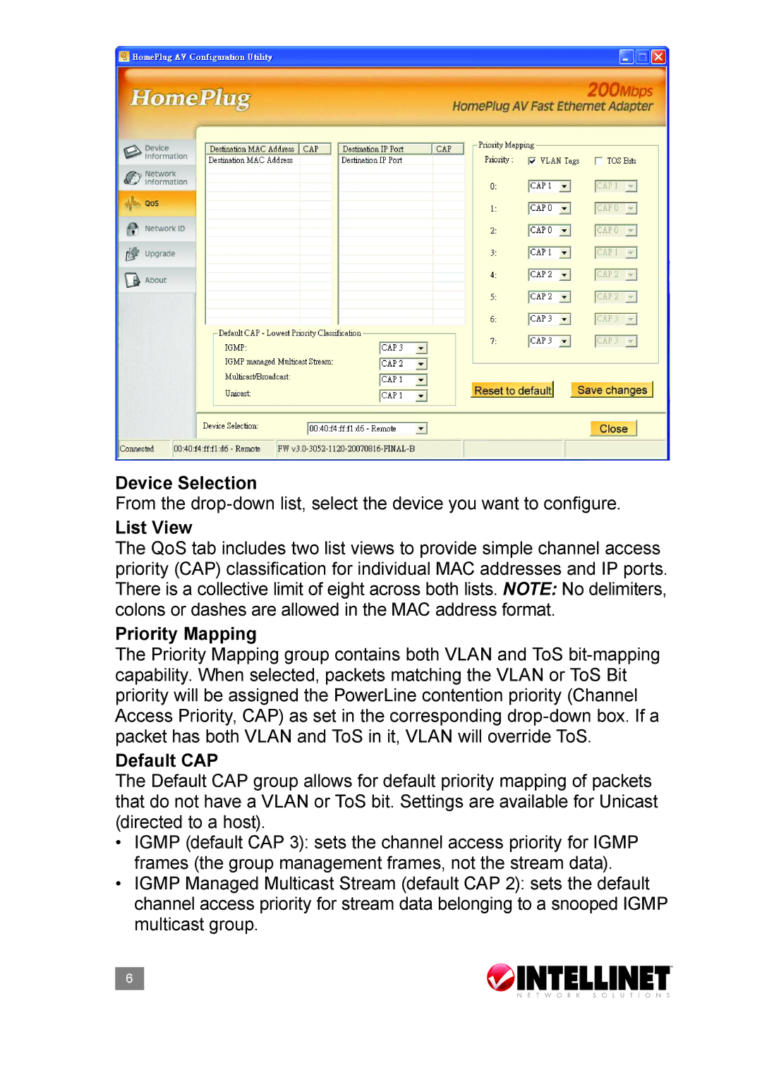 Intellinet Network Solutions 503839 user manual Device Selection, List View, Priority Mapping, Default CAP 