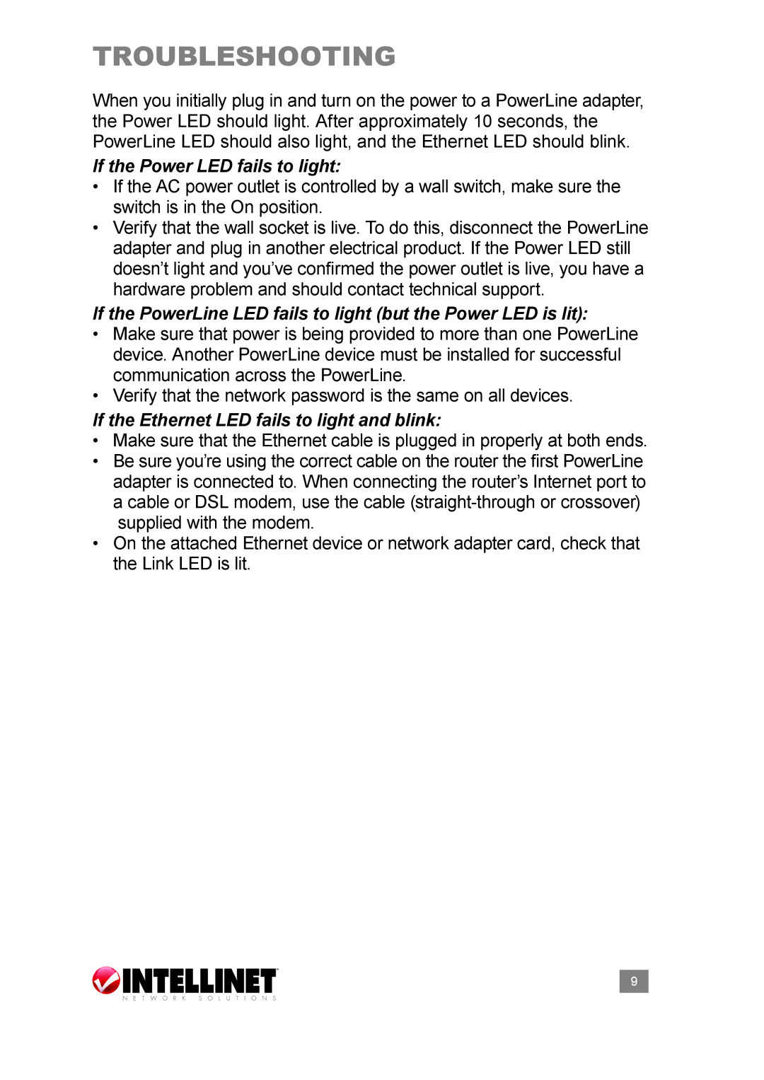 Intellinet Network Solutions 503839 user manual Troubleshooting, If the Power LED fails to light 