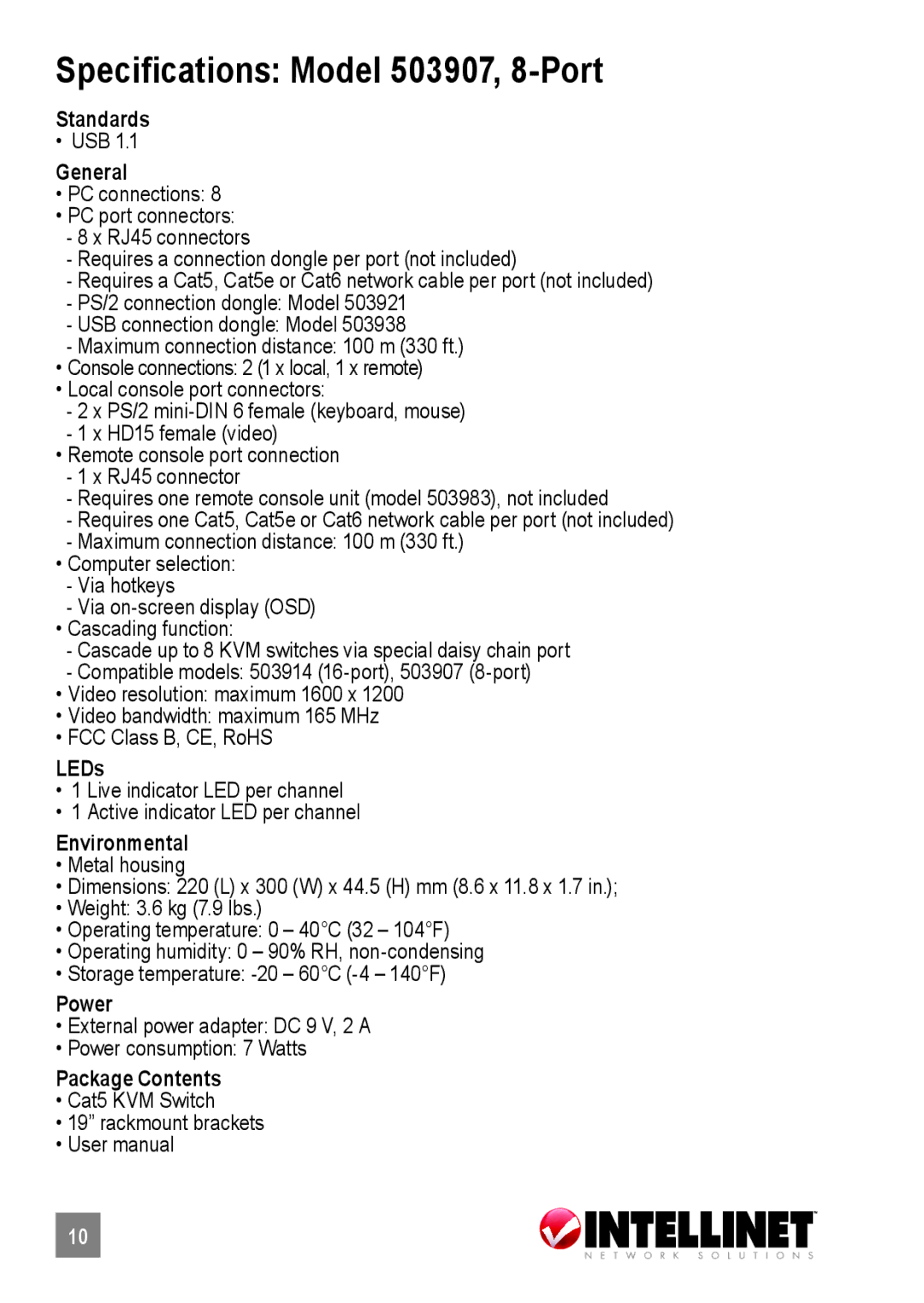 Intellinet Network Solutions 503914 user manual Specifications Model 503907, 8-Port, General 