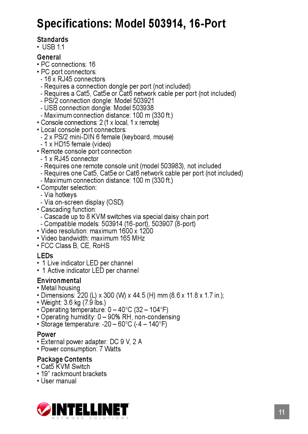 Intellinet Network Solutions 503907 user manual Specifications Model 503914, 16-Port 