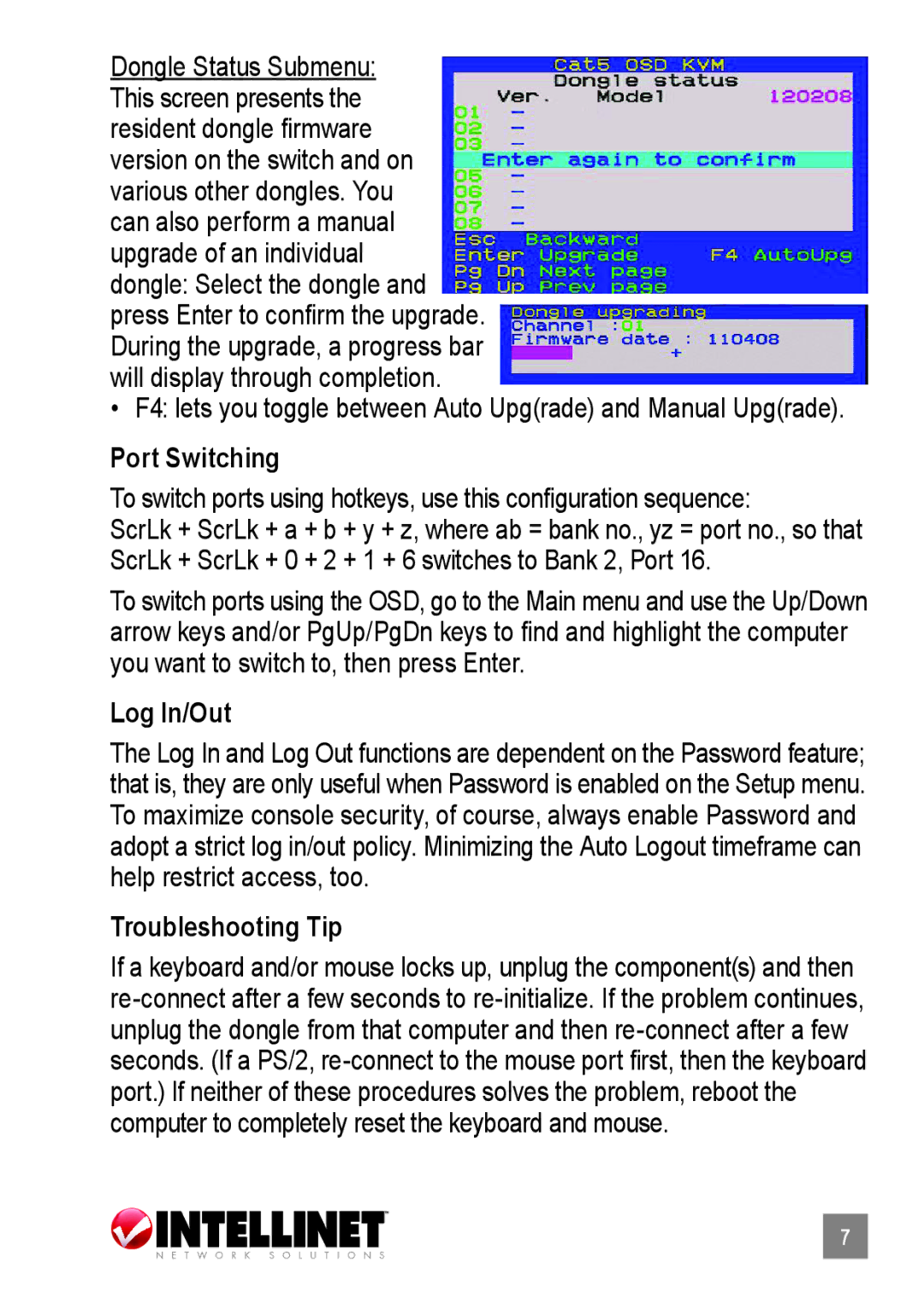 Intellinet Network Solutions 503914, 503907 user manual Port Switching, Log In/Out, Troubleshooting Tip 