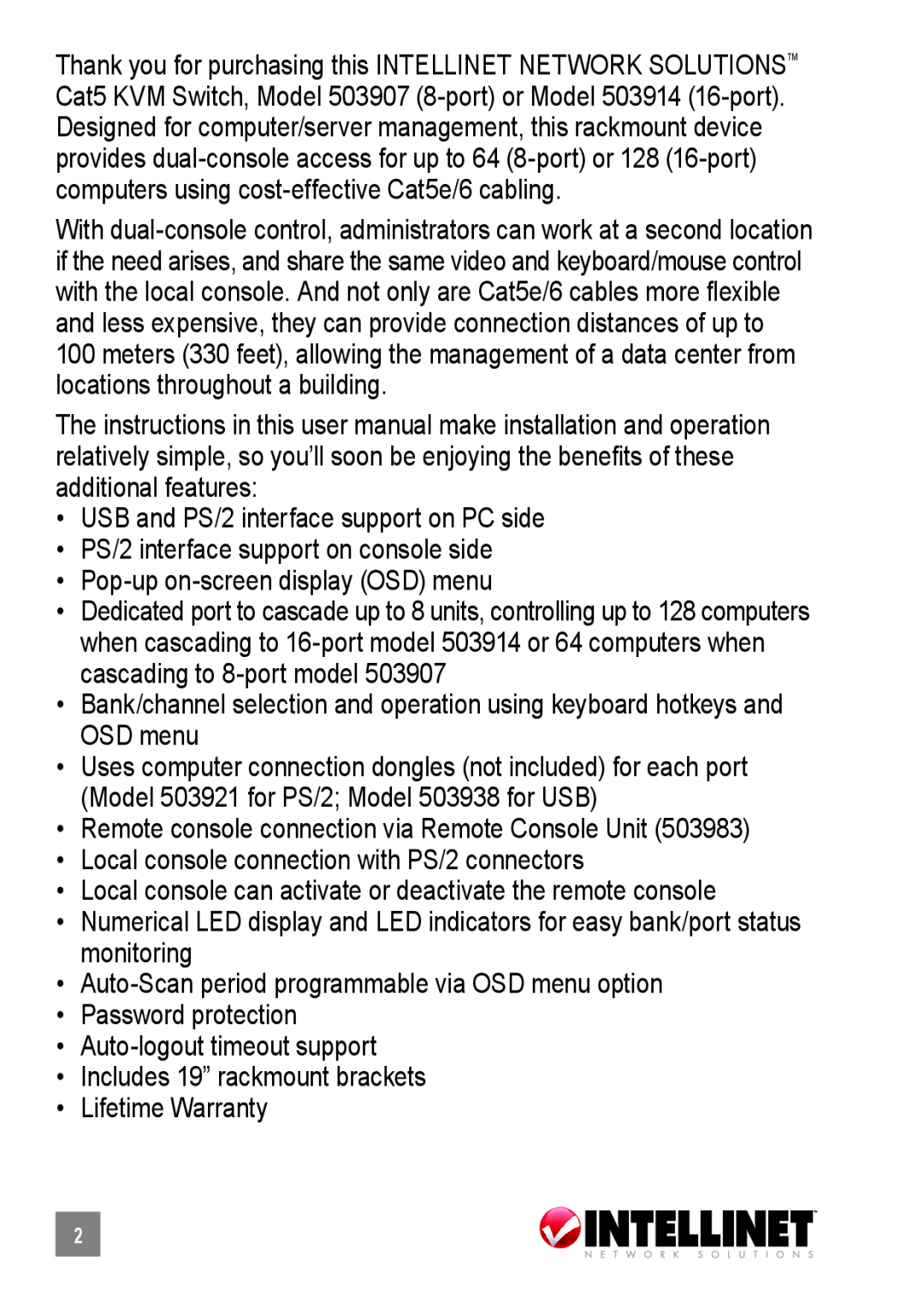 Intellinet Network Solutions 503907, 503914 user manual USB and PS/2 interface support on PC side 