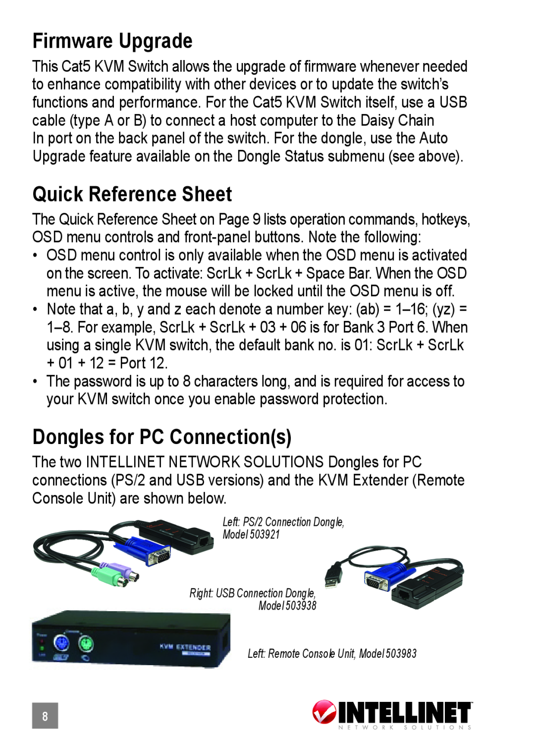 Intellinet Network Solutions 503907, 503914 user manual Firmware Upgrade, Quick Reference Sheet, Dongles for PC Connections 