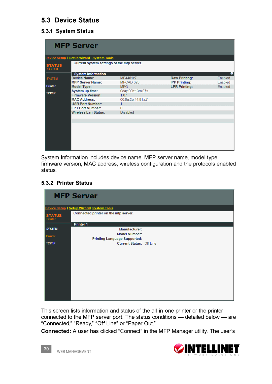 Intellinet Network Solutions 509077 user manual Device Status, System Status, Printer Status 