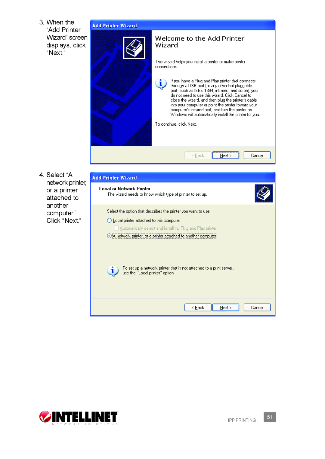 Intellinet Network Solutions 509077 user manual When the Add Printer Wizard screen displays, click Next 