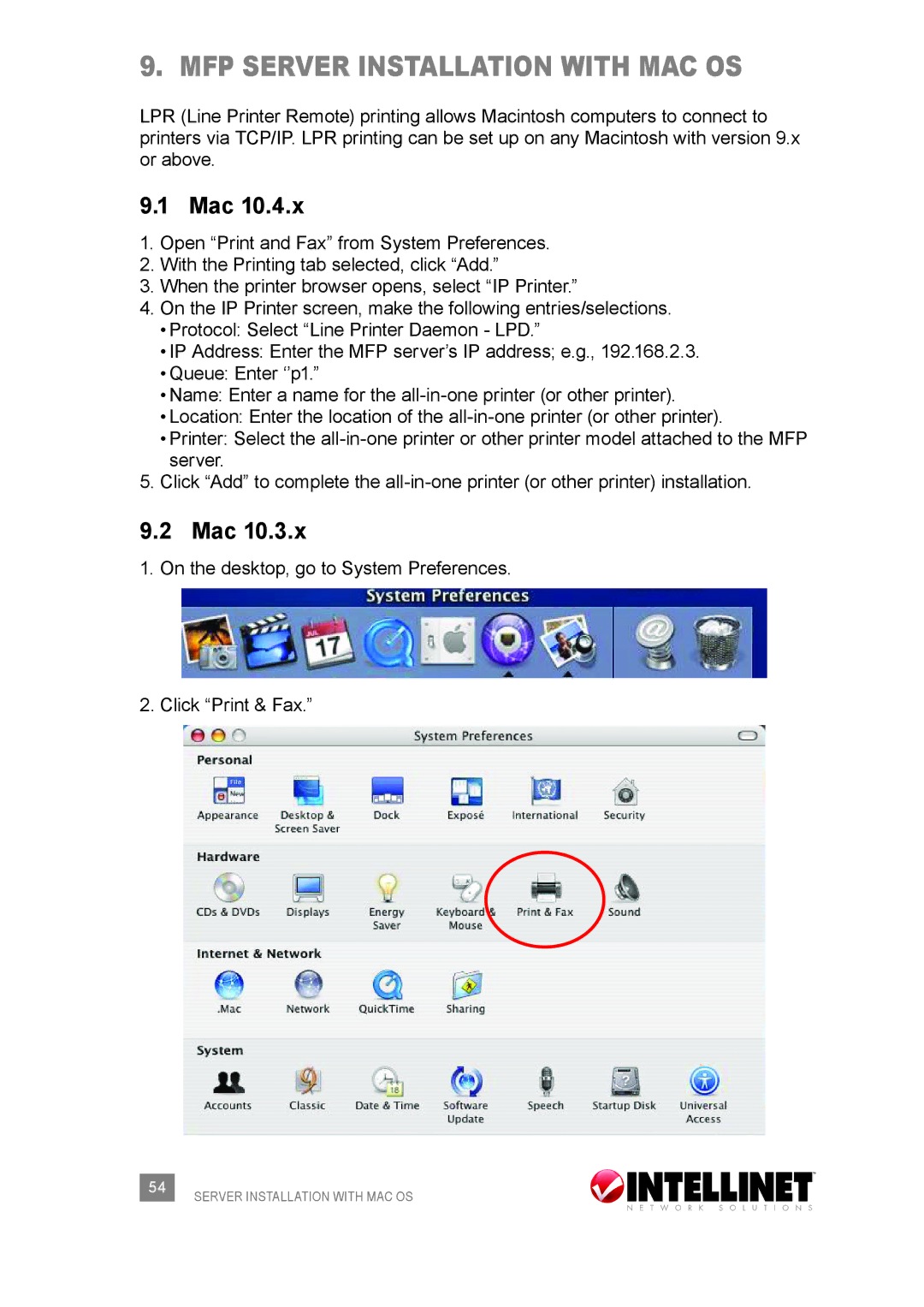 Intellinet Network Solutions 509077 user manual MFP server Installation with MAC OS, Mac 