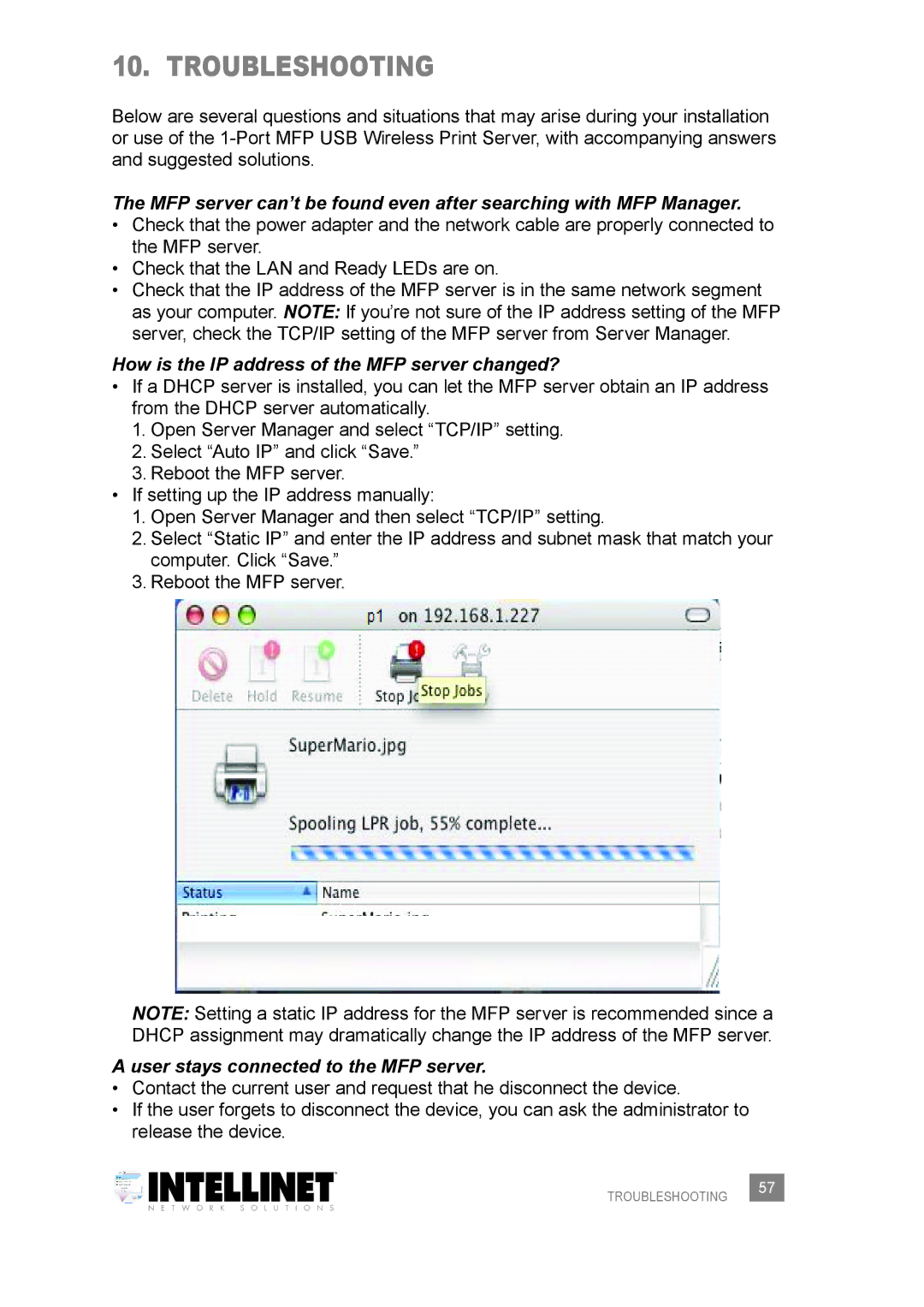 Intellinet Network Solutions 509077 user manual Troubleshooting, How is the IP address of the MFP server changed? 