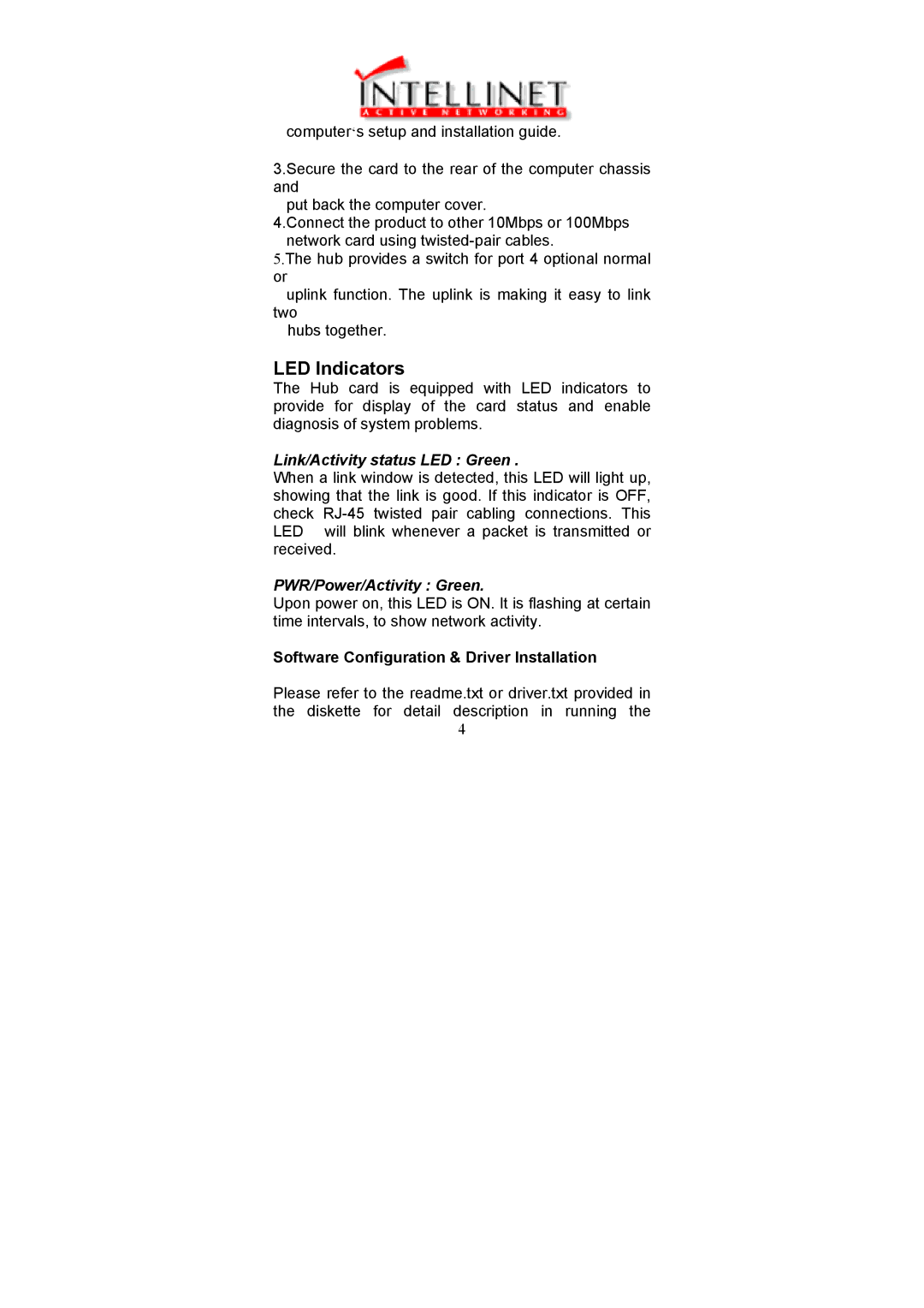 Intellinet Network Solutions 509961 user manual LED Indicators, Link/Activity status LED Green 