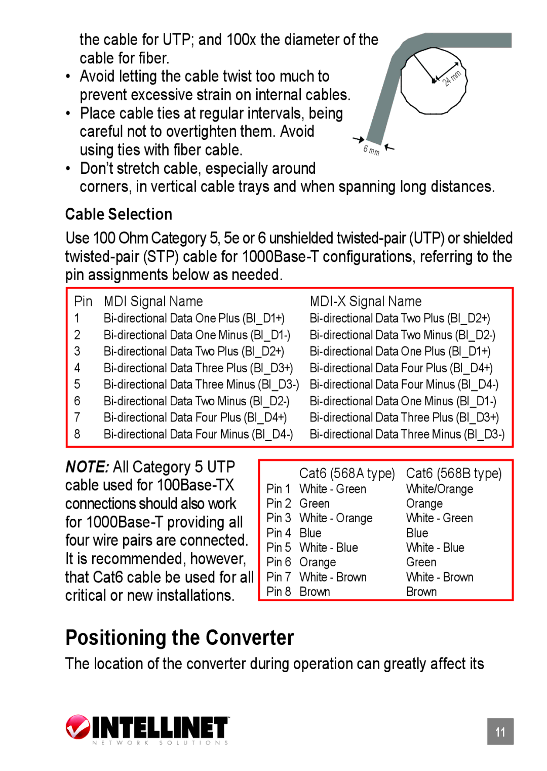 Intellinet Network Solutions 510486, 515368, 519069 user manual Positioning the Converter, Cable Selection 