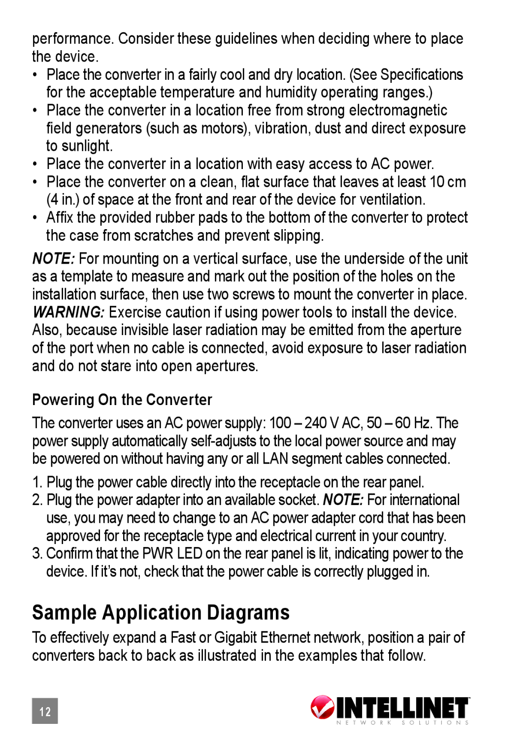 Intellinet Network Solutions 515368, 519069, 510486 user manual Sample Application Diagrams, Powering On the Converter 