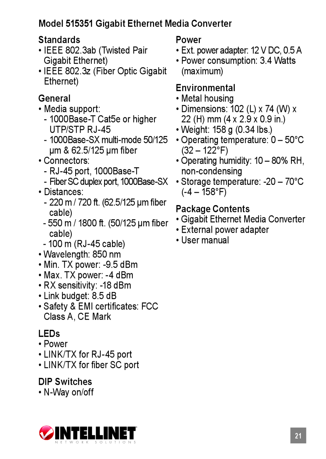 Intellinet Network Solutions 515368, 519069, 510486 user manual Model 515351 Gigabit Ethernet Media Converter Standards 