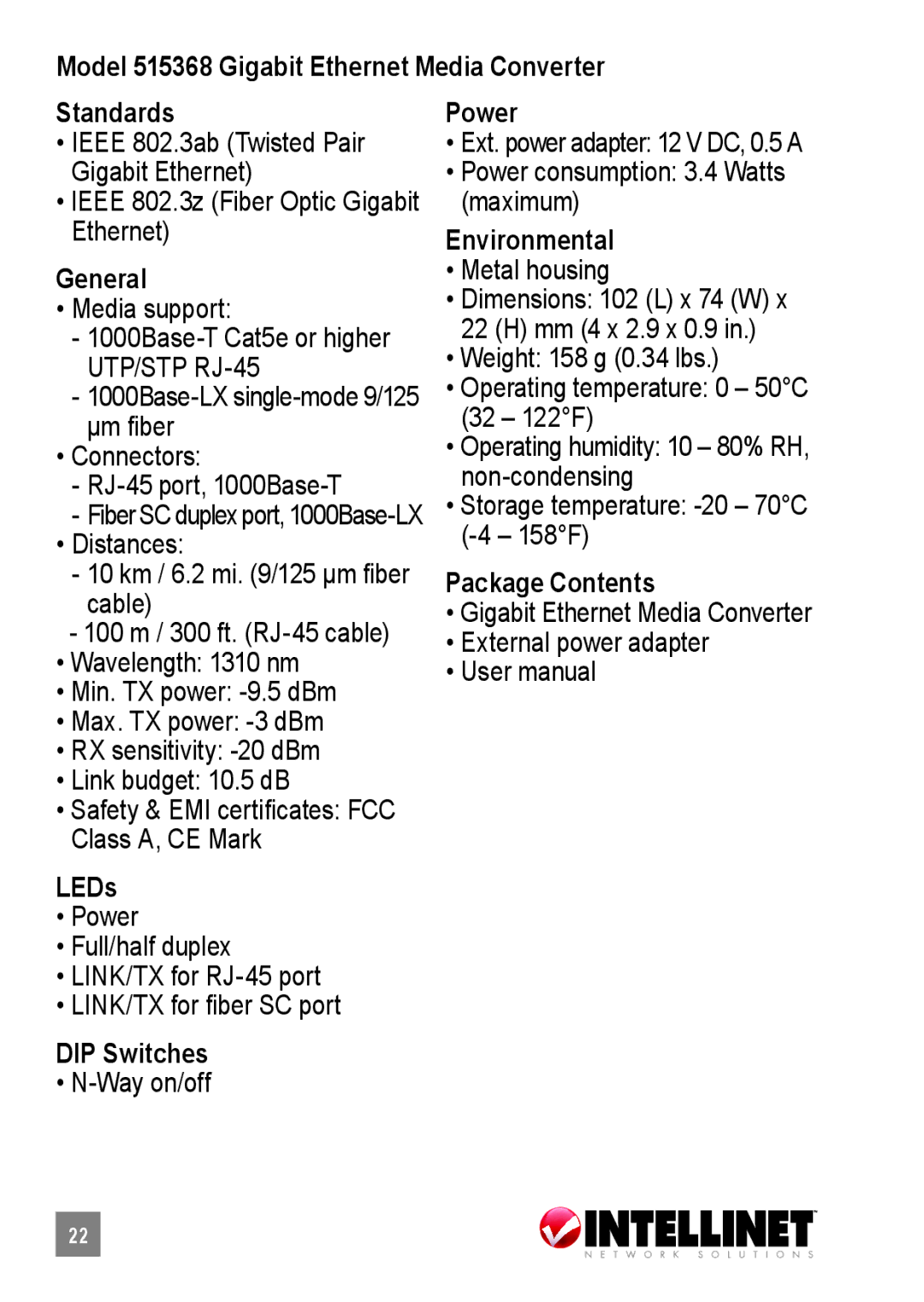 Intellinet Network Solutions 519069, 510486 user manual Model 515368 Gigabit Ethernet Media Converter Standards 