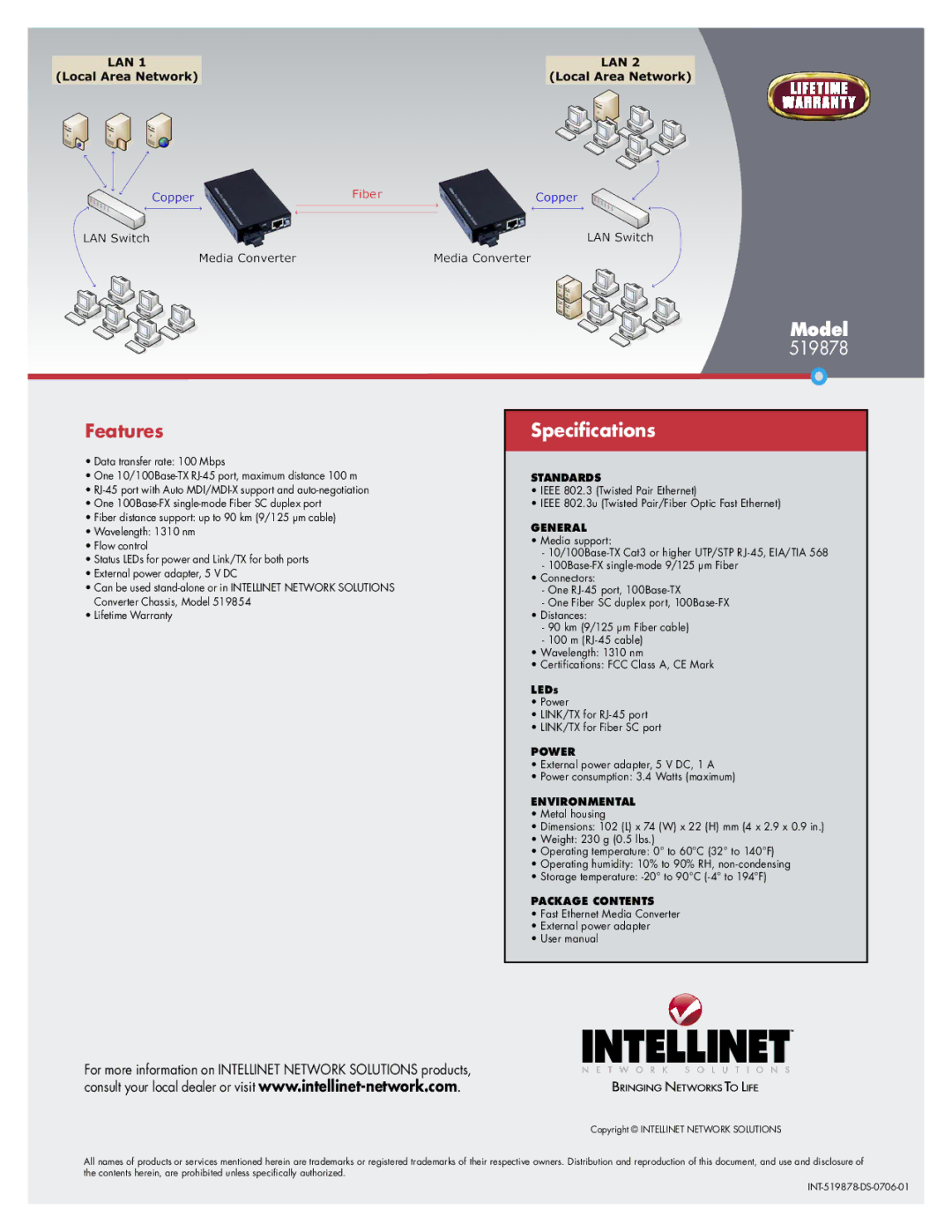 Intellinet Network Solutions 519878 warranty Features, Model Speciﬁcations 