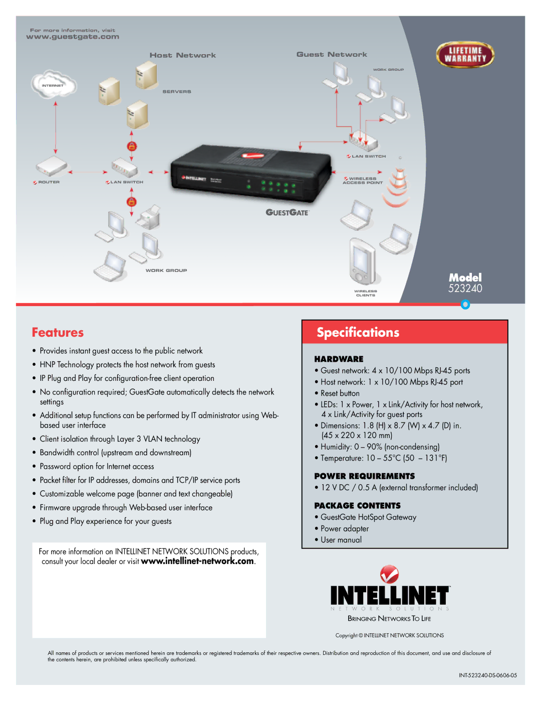 Intellinet Network Solutions 523240 warranty Hardware, Power Requirements, Package Contents 