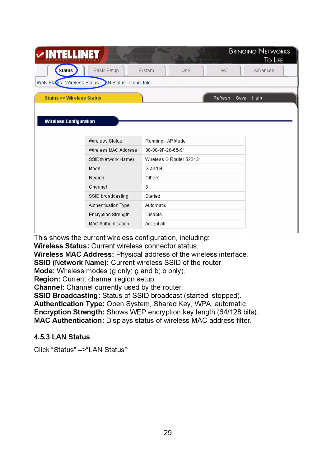 Intellinet Network Solutions 523431 manual Click Status -LAN Status 