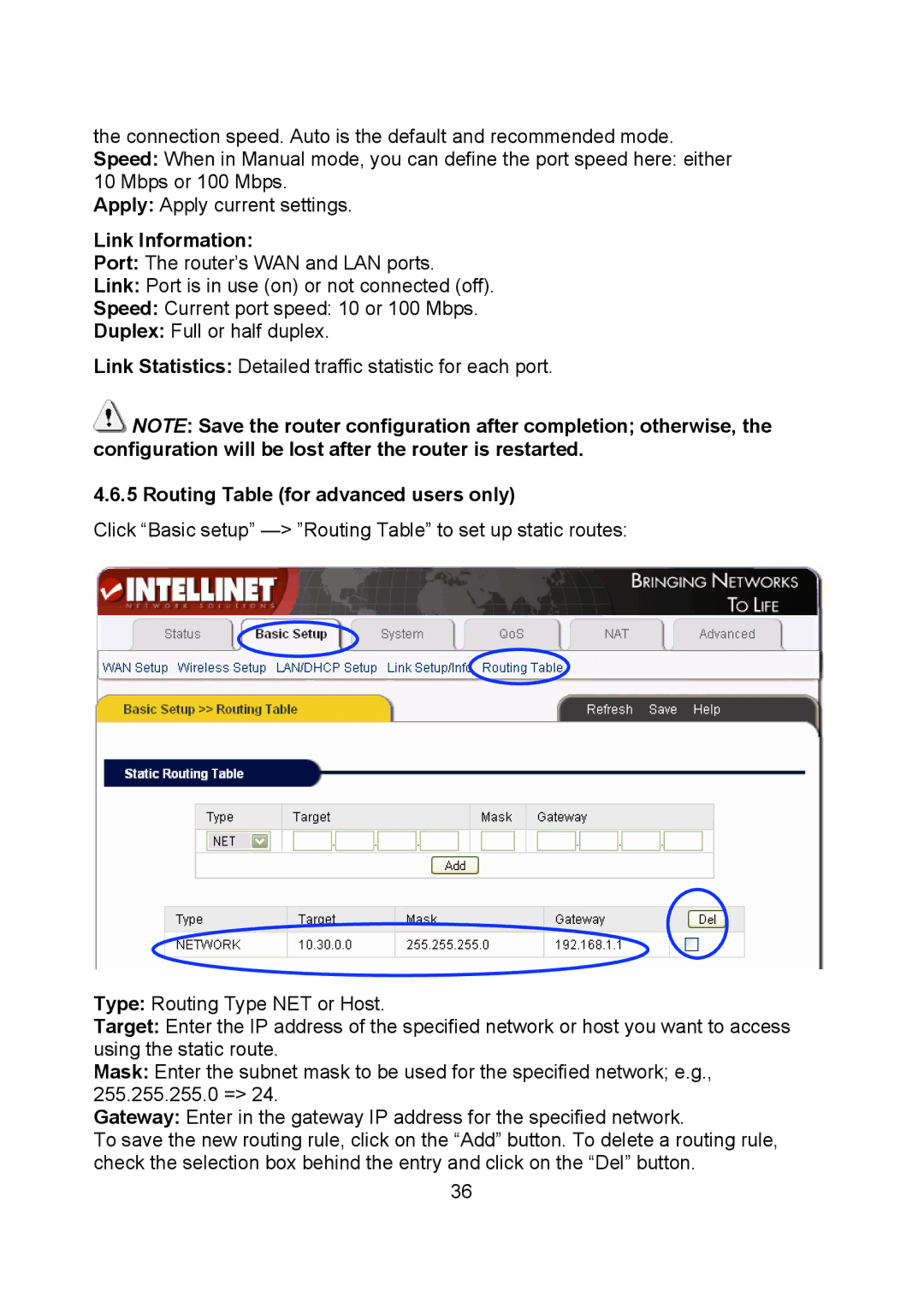 Intellinet Network Solutions 523431 manual Link Information, Routing Table for advanced users only 