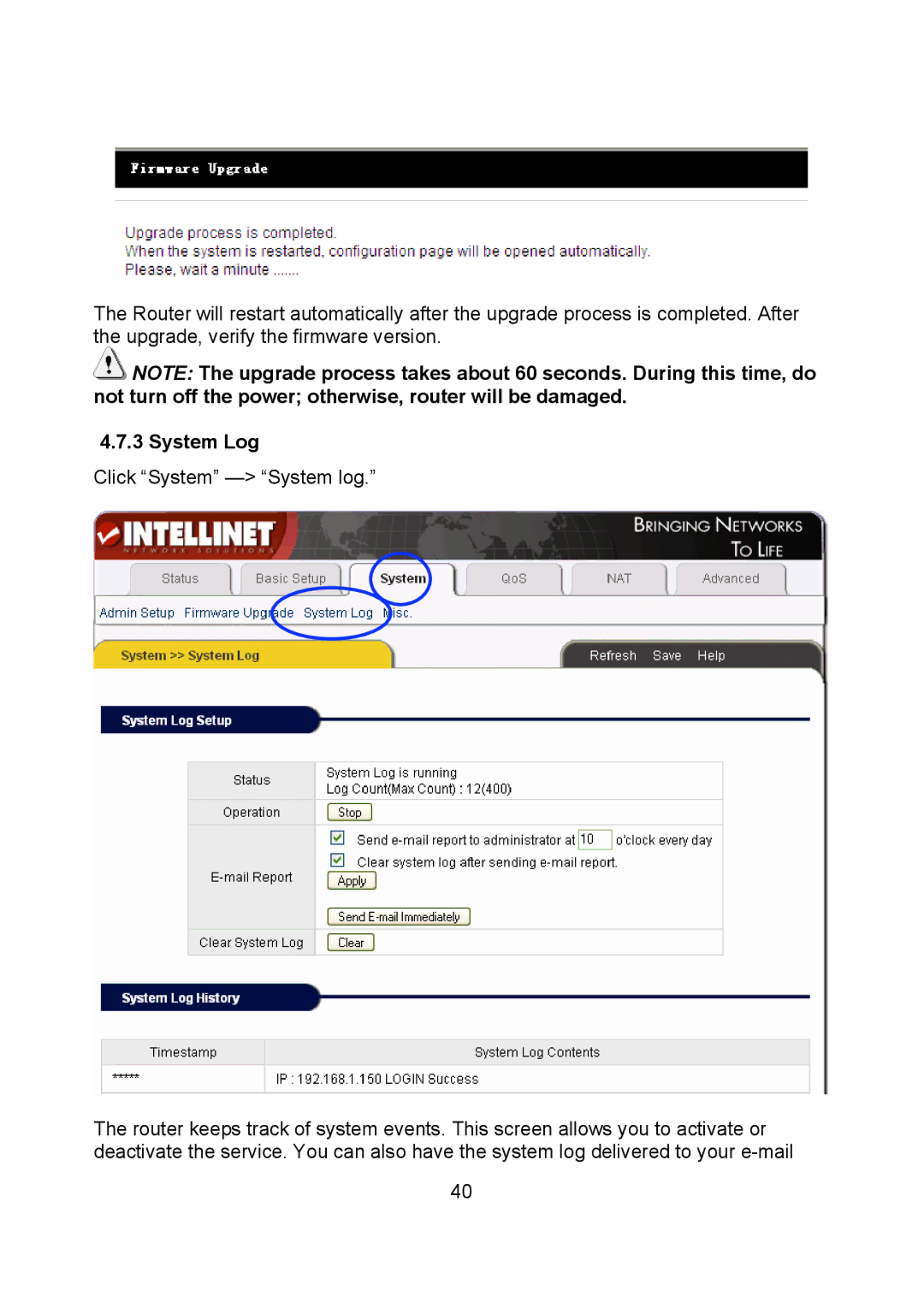 Intellinet Network Solutions 523431 manual System Log, Click System System log 