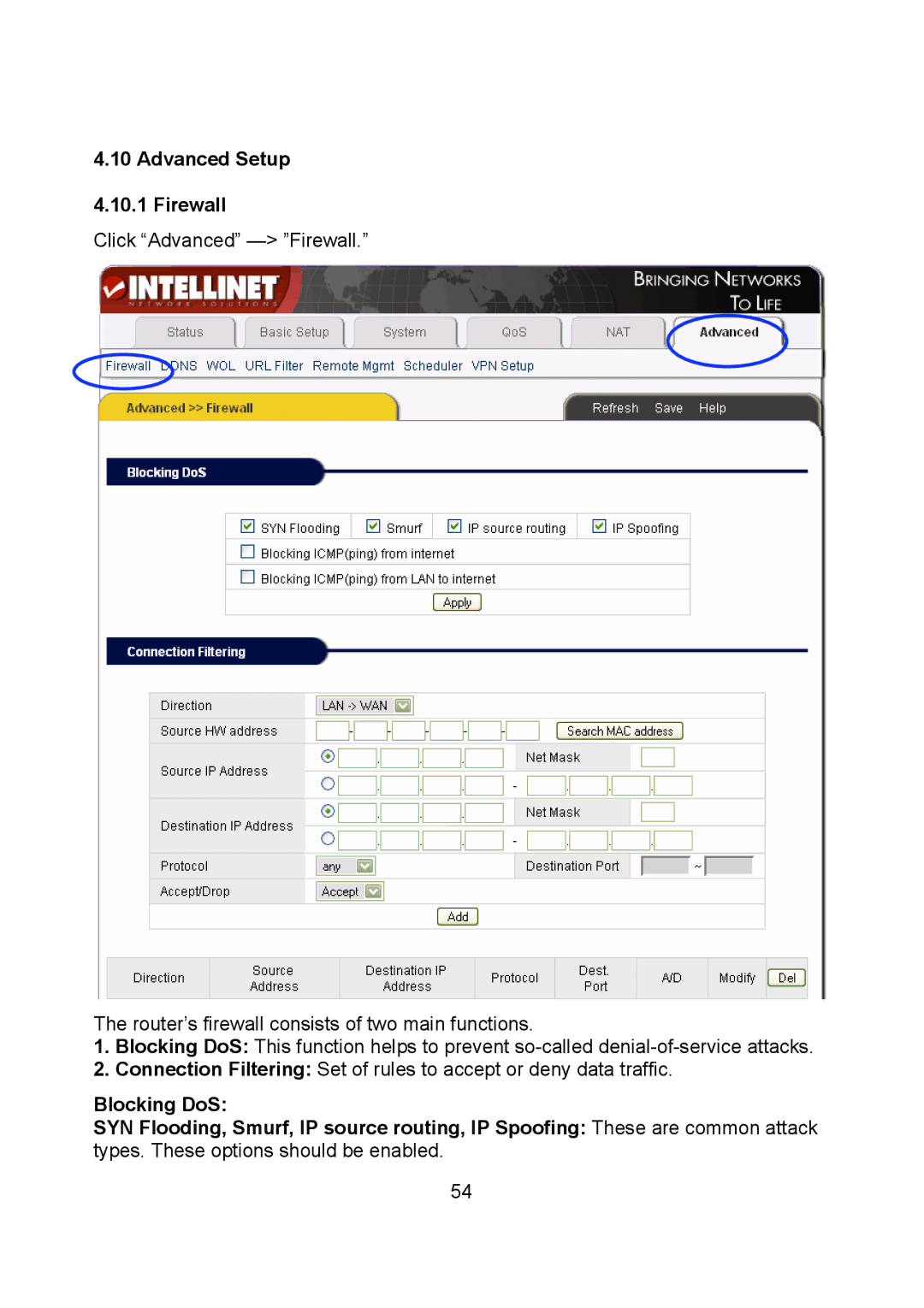 Intellinet Network Solutions 523431 manual Advanced Setup Firewall 