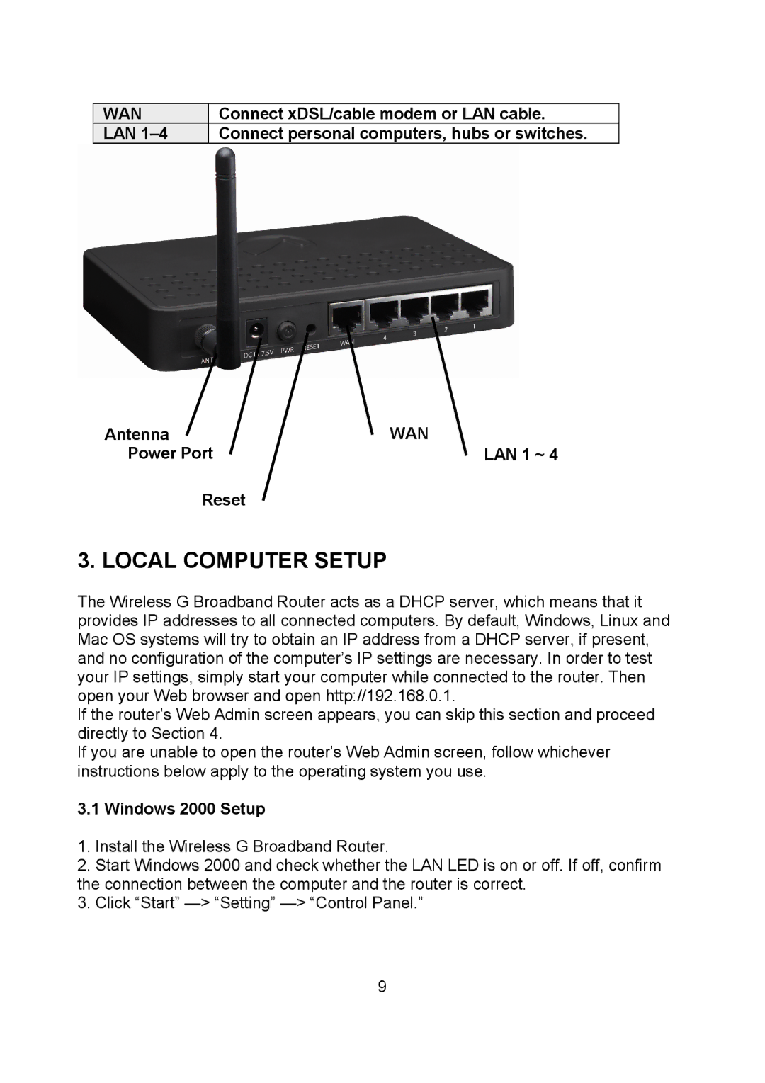 Intellinet Network Solutions 523431 Connect xDSL/cable modem or LAN cable, Power Port LAN 1 ~ Reset, Windows 2000 Setup 