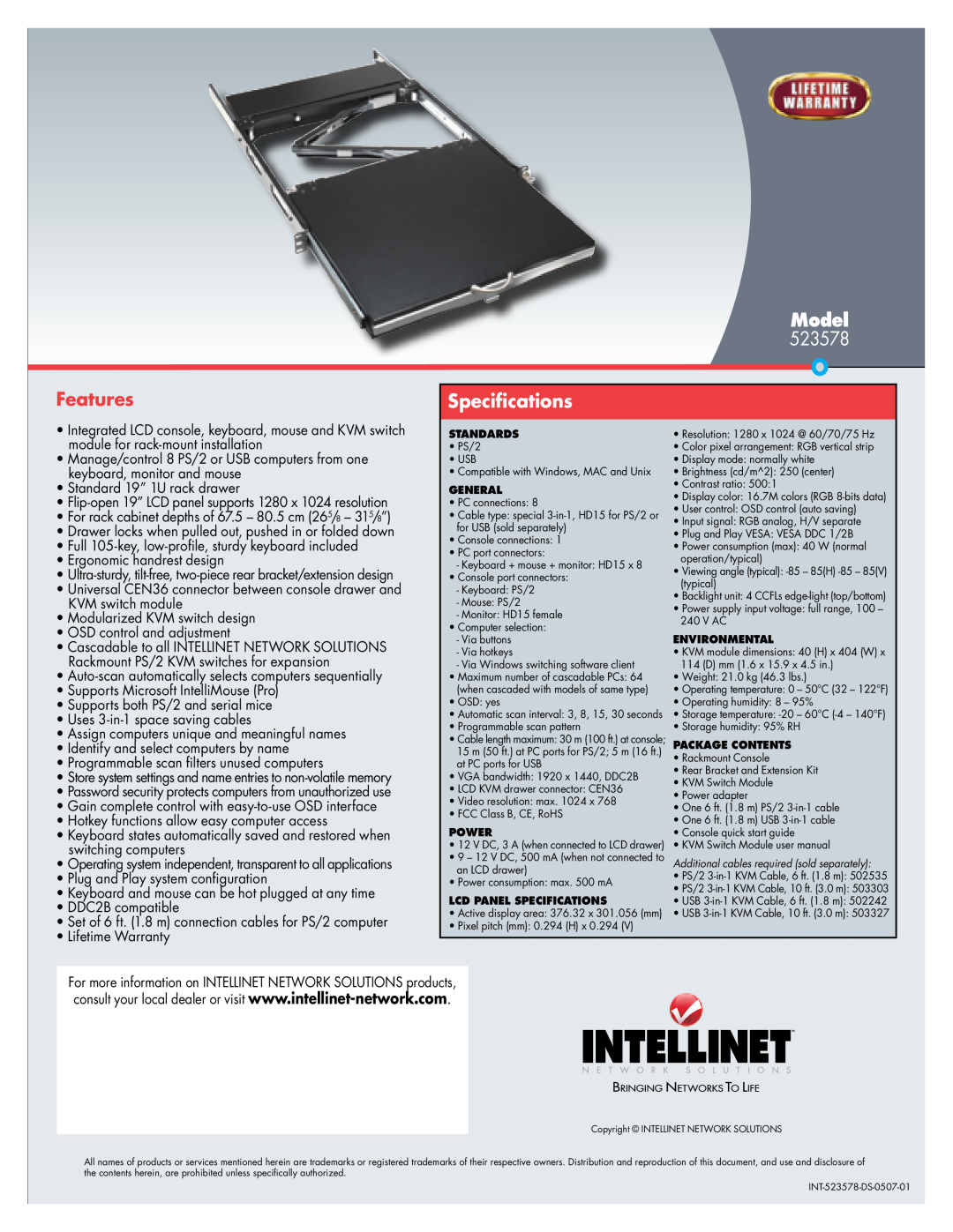 Intellinet Network Solutions 523578 warranty Features, Model Specifications 