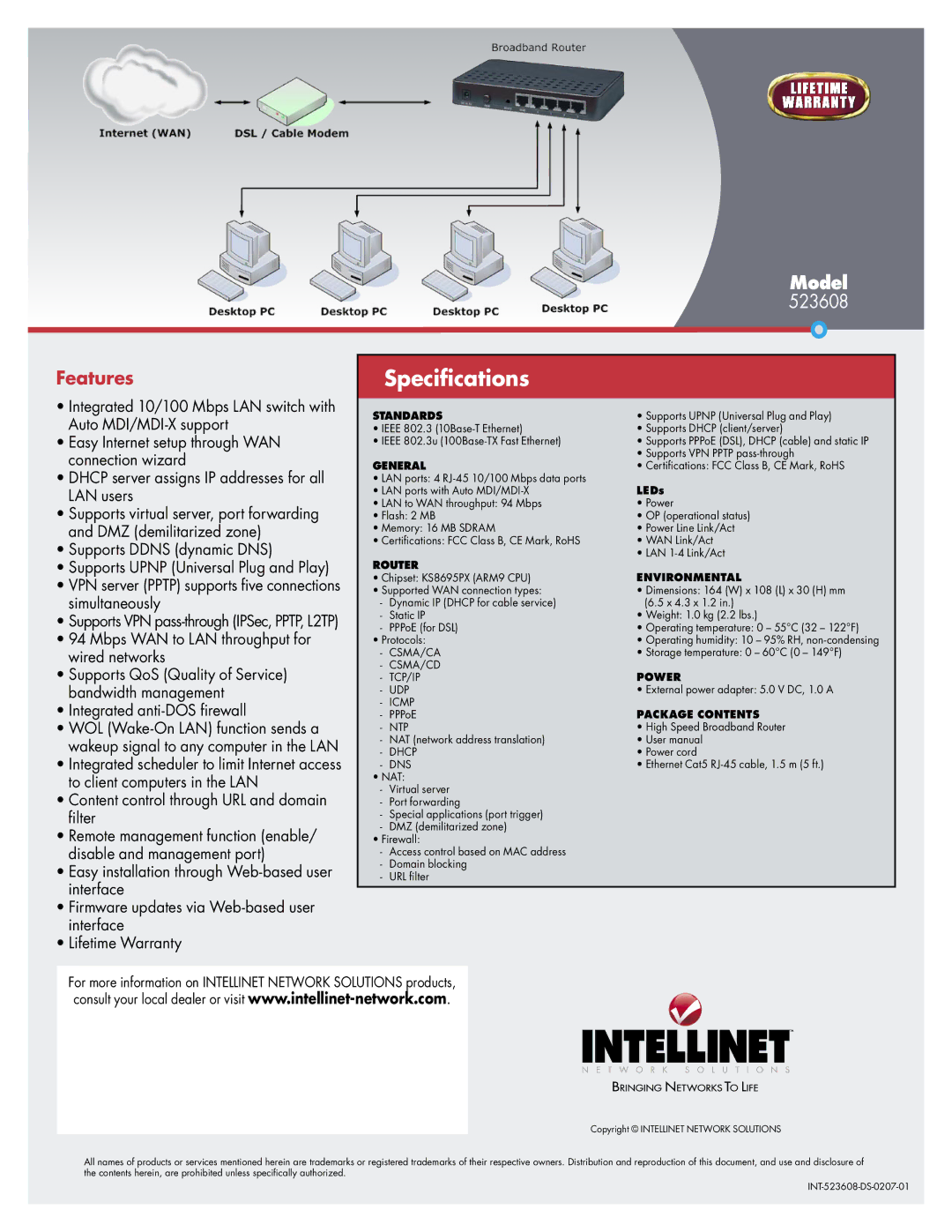 Intellinet Network Solutions 523608 warranty Features 