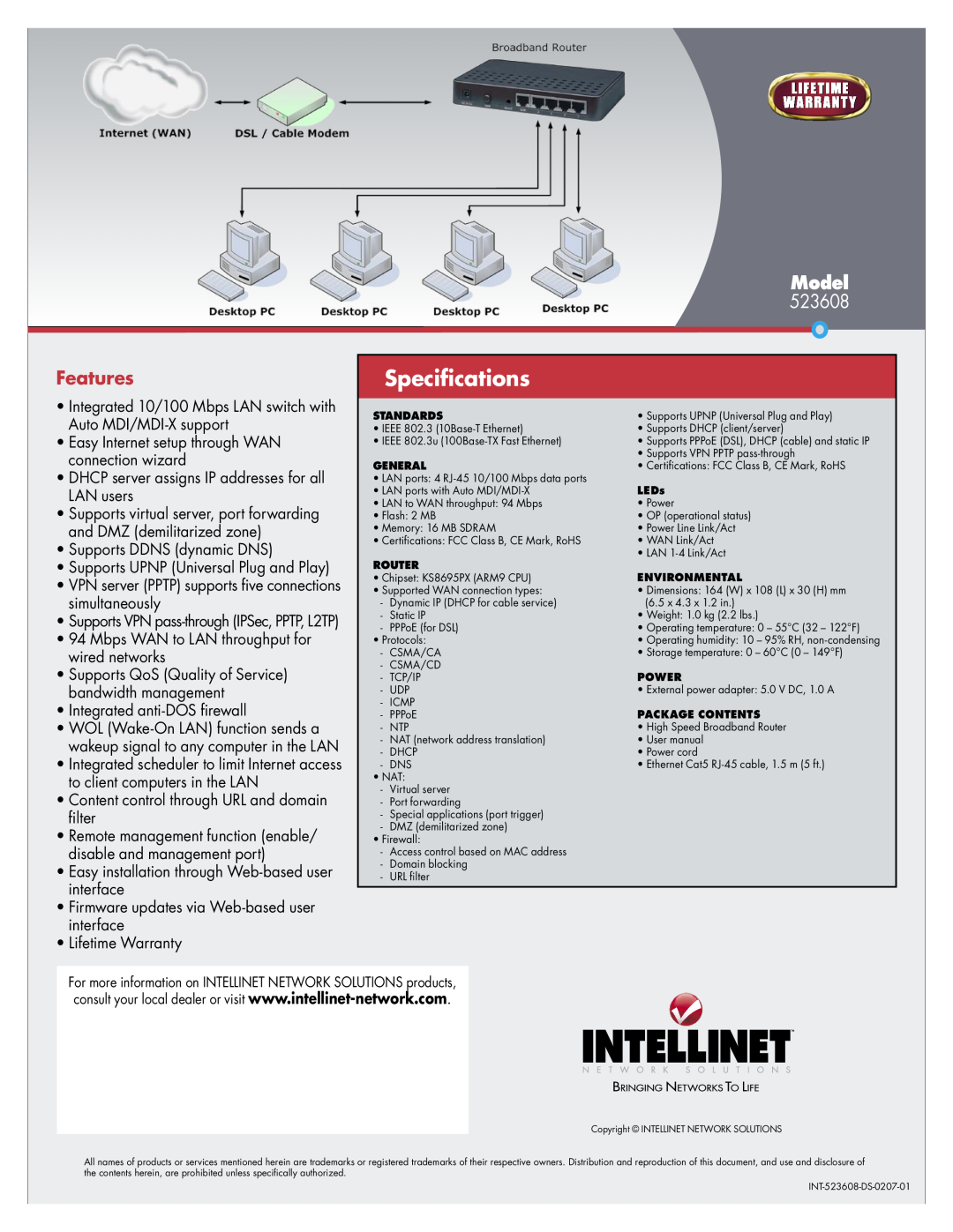 Intellinet Network Solutions 523608 warranty Features, Speciﬁcations, Model 