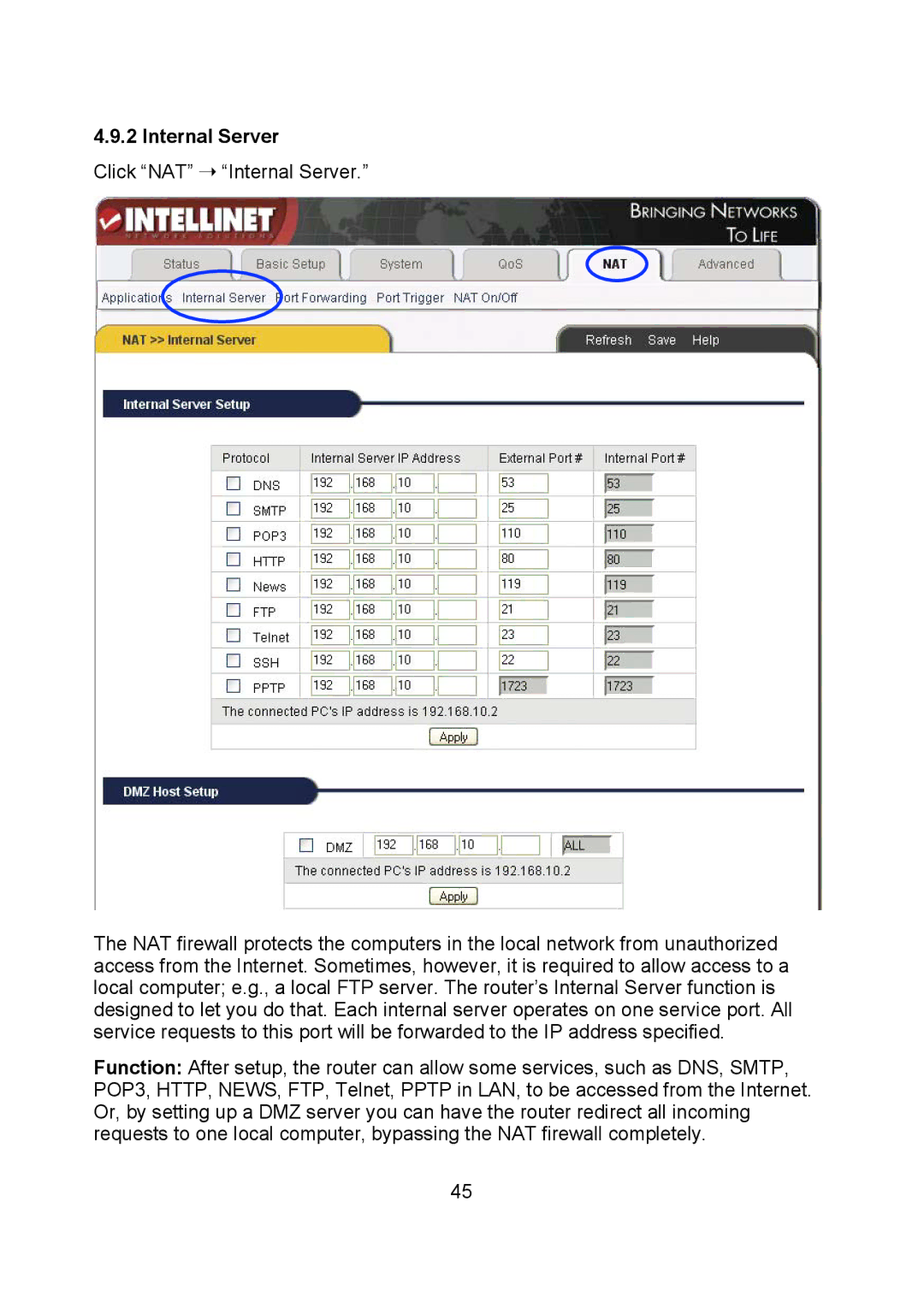 Intellinet Network Solutions 523615 manual Click NAT Internal Server 