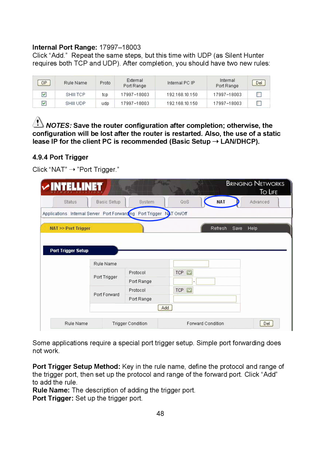 Intellinet Network Solutions 523615 manual Internal Port Range, Port Trigger 