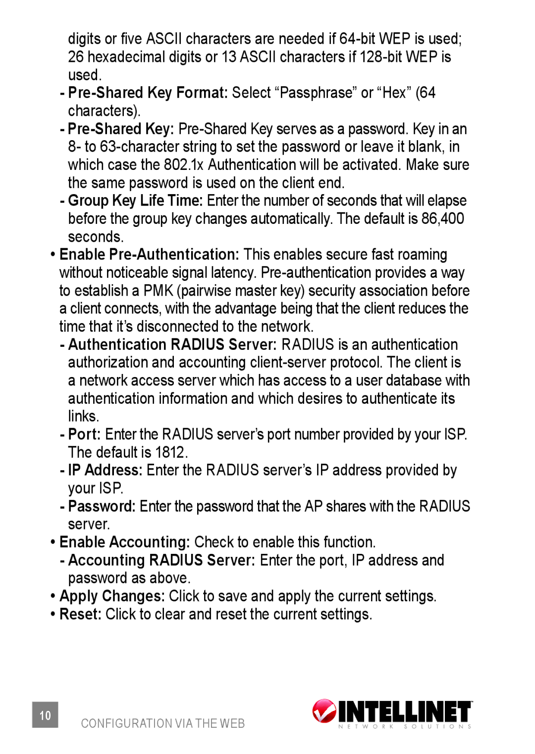 Intellinet Network Solutions 523875 user manual Pre-Shared Key Format Select Passphrase or Hex 64 characters 