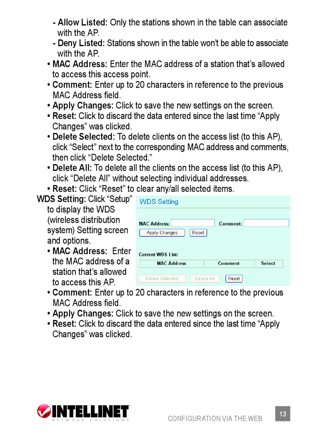 Intellinet Network Solutions 523875 user manual MAC Address field, Reset Click Reset to clear any/all selected items 