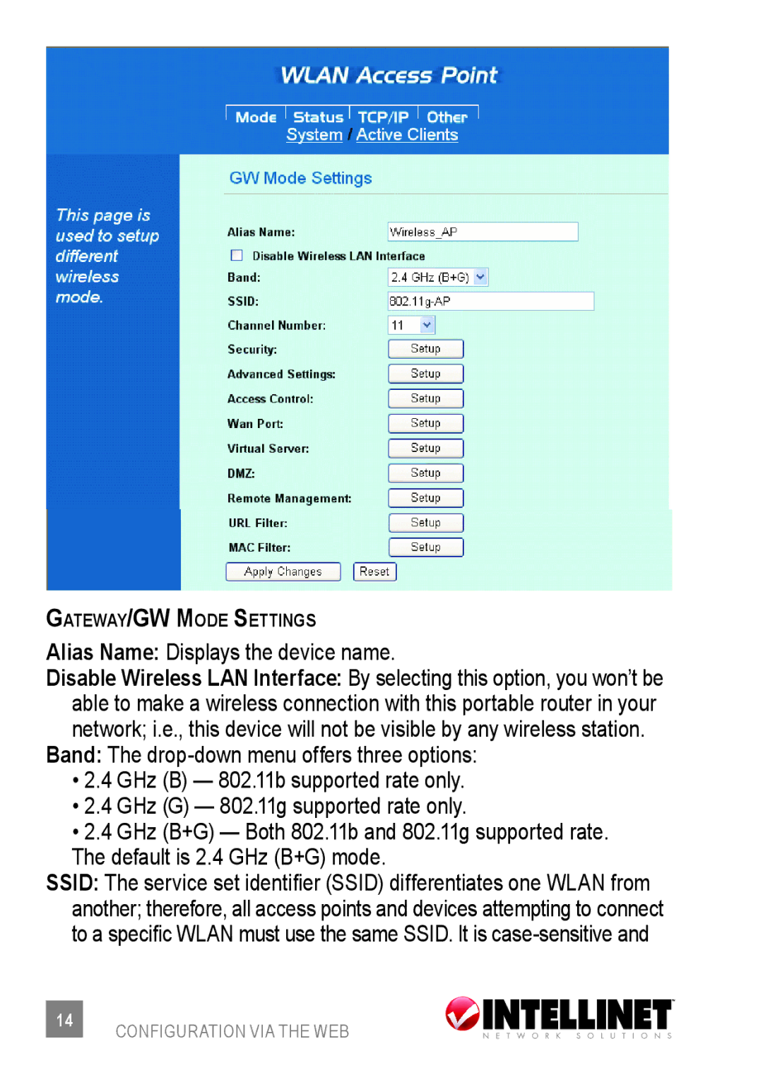 Intellinet Network Solutions 523875 user manual Gateway/GW Mode Settings 