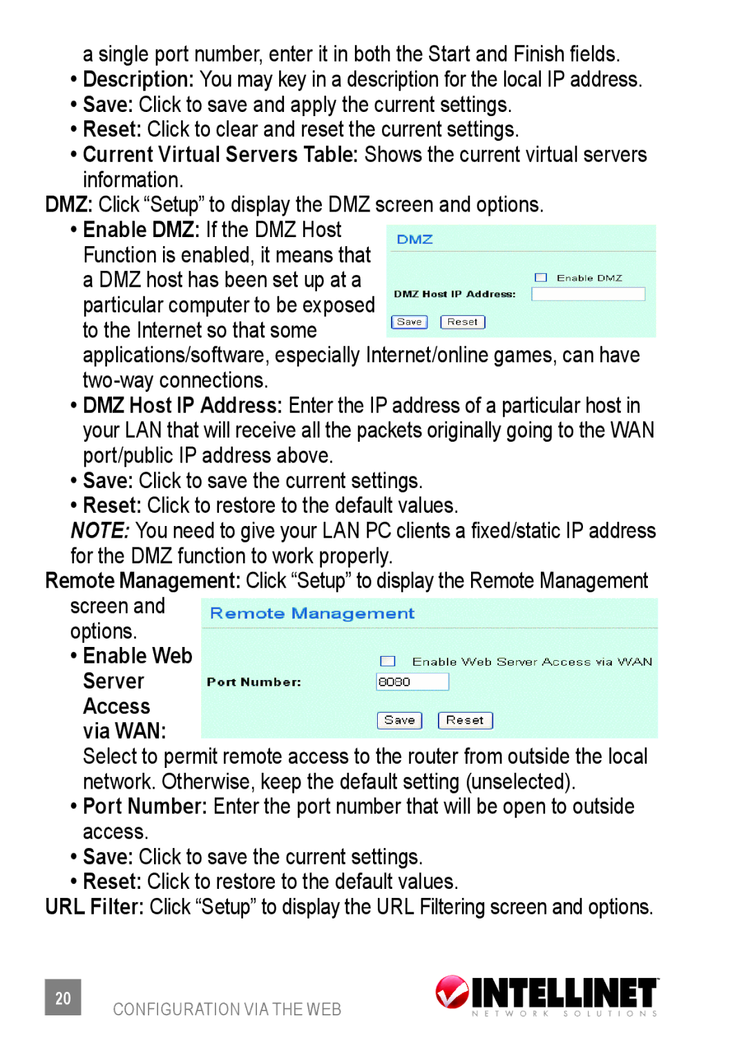 Intellinet Network Solutions 523875 user manual DMZ Click Setup to display the DMZ screen and options 