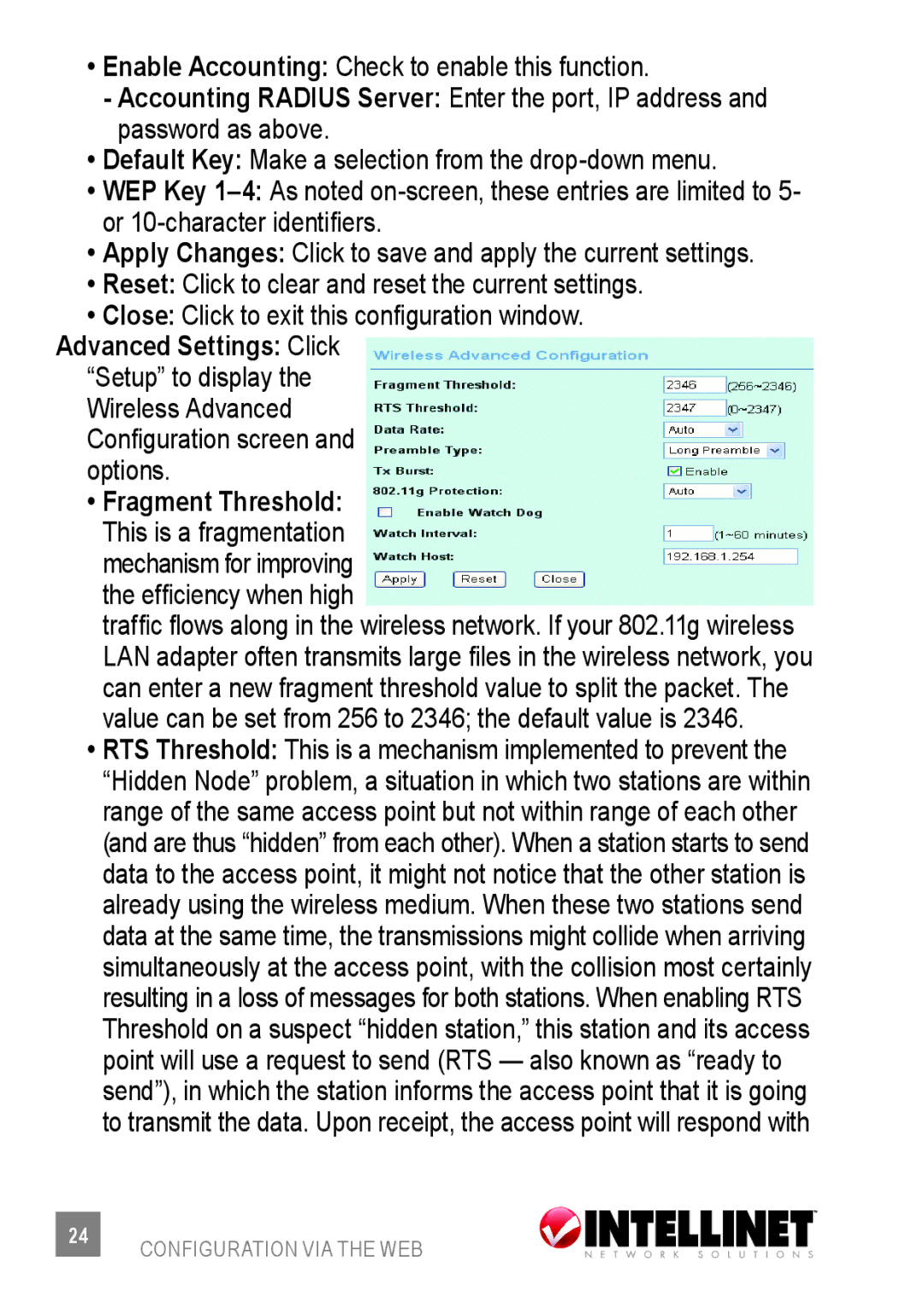 Intellinet Network Solutions 523875 user manual Enable Accounting Check to enable this function, Fragment Threshold 