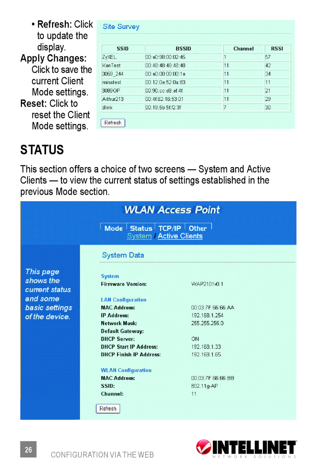 Intellinet Network Solutions 523875 user manual Status, Refresh Click to update the display 