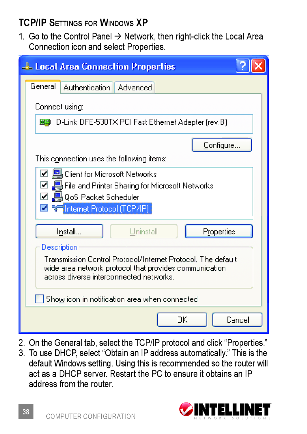 Intellinet Network Solutions 523875 user manual TCP/IP Settings for Windows XP 
