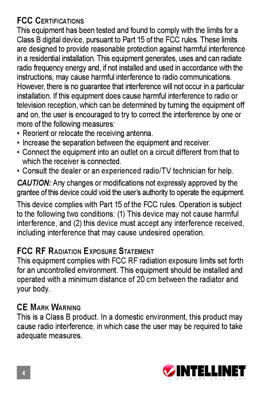 Intellinet Network Solutions 523875 user manual FCC RF Radiation Exposure Statement 