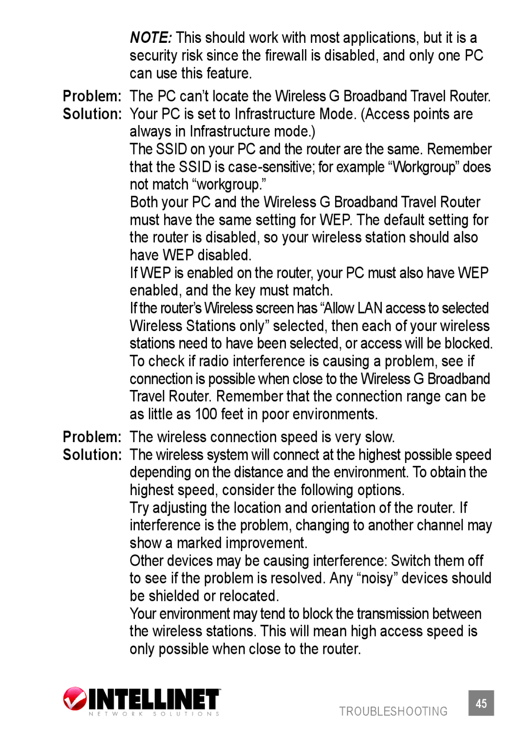 Intellinet Network Solutions 523875 user manual Problem The wireless connection speed is very slow 