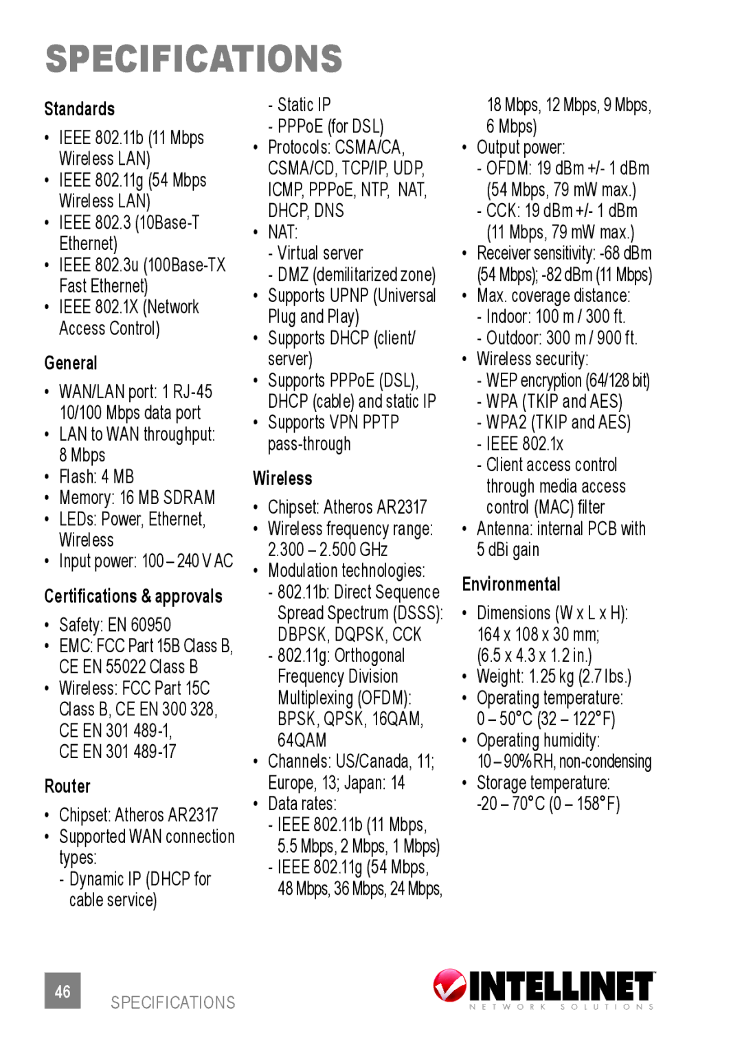 Intellinet Network Solutions 523875 user manual Specifications, Standards 