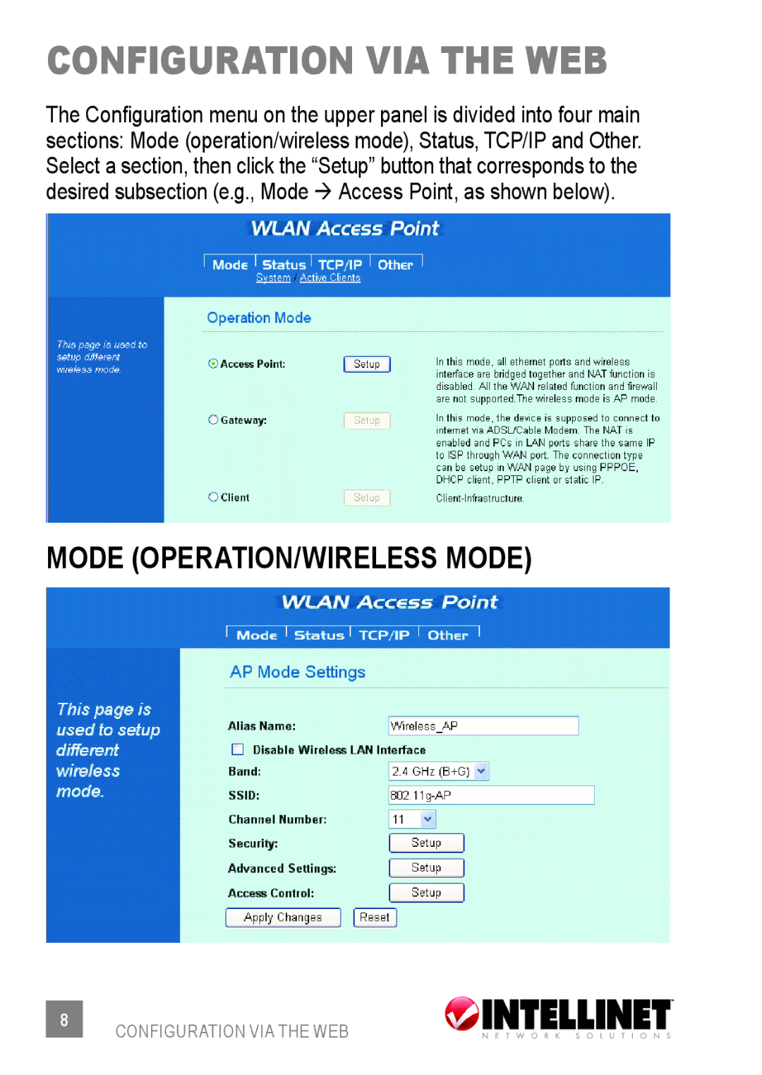 Intellinet Network Solutions 523875 user manual Configuration via the web, Mode operation/Wireless Mode 