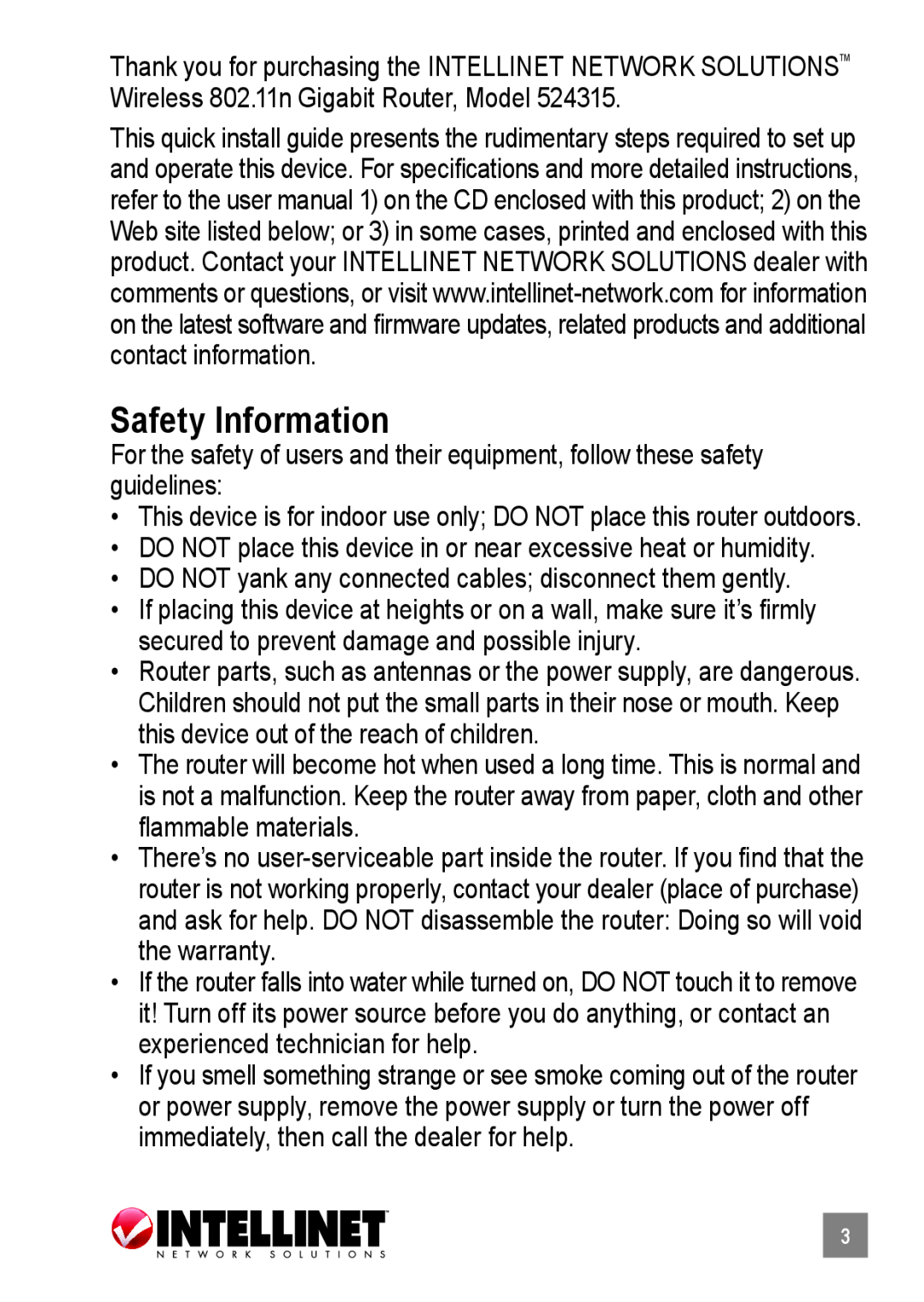 Intellinet Network Solutions 524315 manual Safety Information 